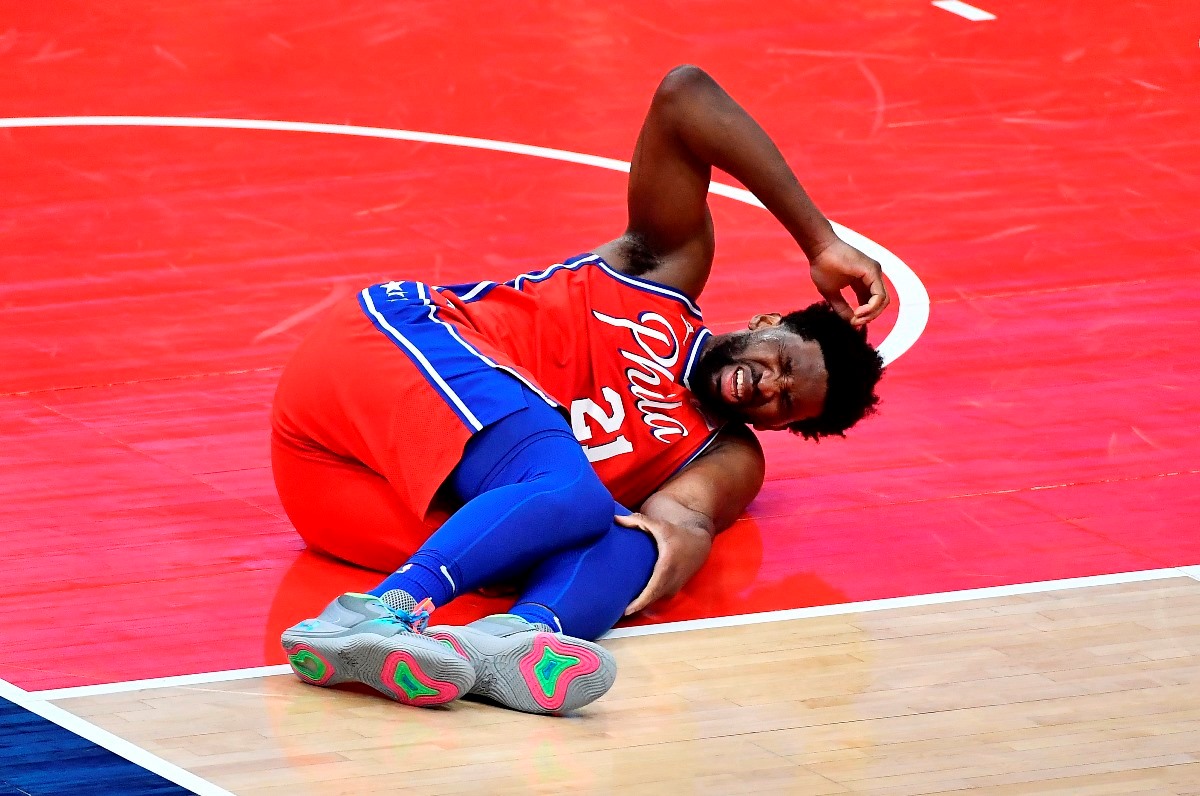 Mar 12, 2021; Washington, District of Columbia, USA; Philadelphia 76ers center Joel Embiid (21) reacts after suffering an apparent leg injury against the Washington Wizards during the third quarter at Capital One Arena. Mandatory Credit: Brad Mills-USA TODAY Sports