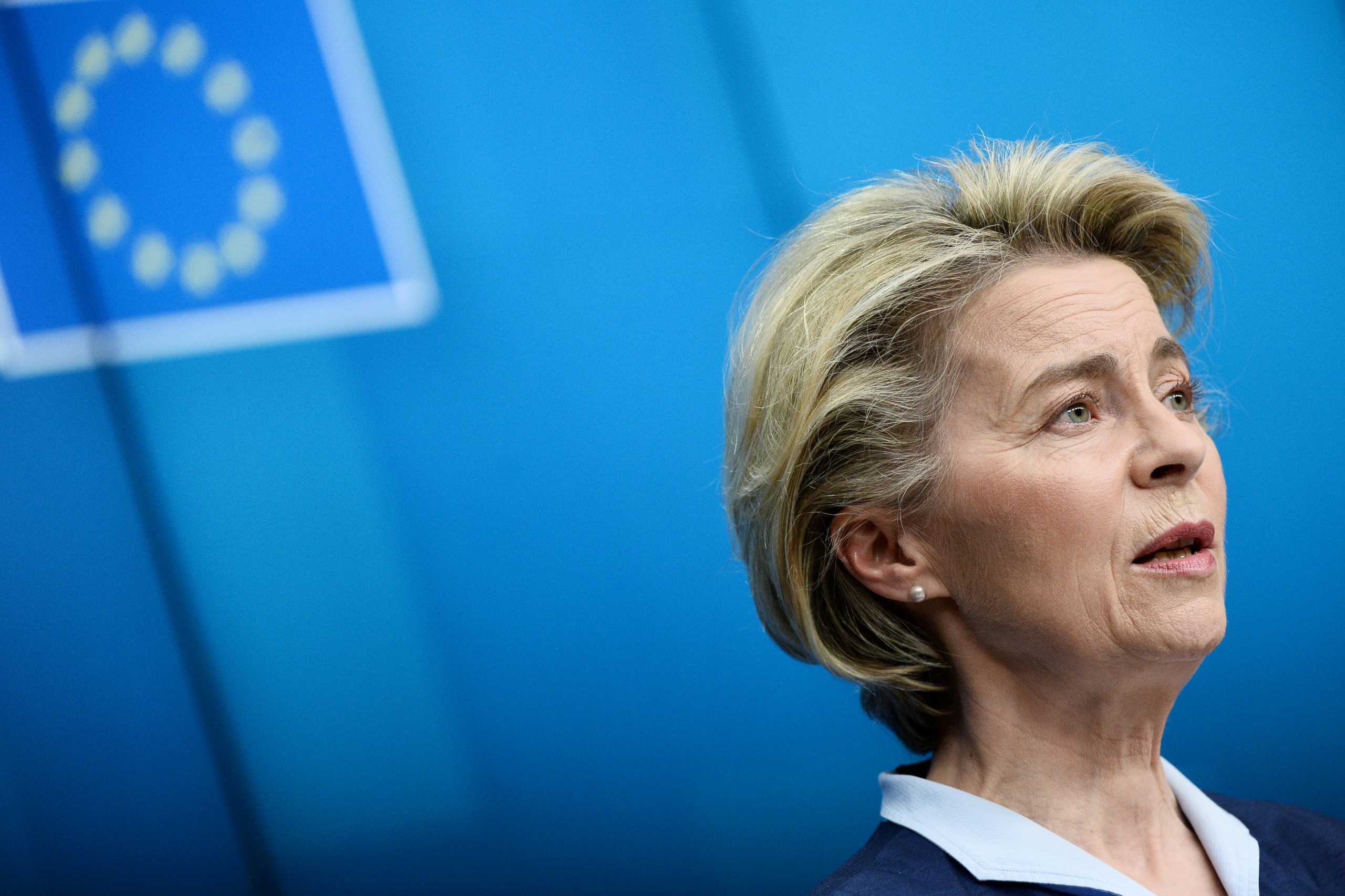 FILE PHOTO: European Commission President Ursula von der Leyen and European Council President Charles Michel  (not pictured) hold a news conference following a video conference on security and defence and on the EU's Southern Neighborhood with European leaders and NATO Secretary General Jens Stoltenberg in Brussels, Belgium February 26, 2021. REUTERS