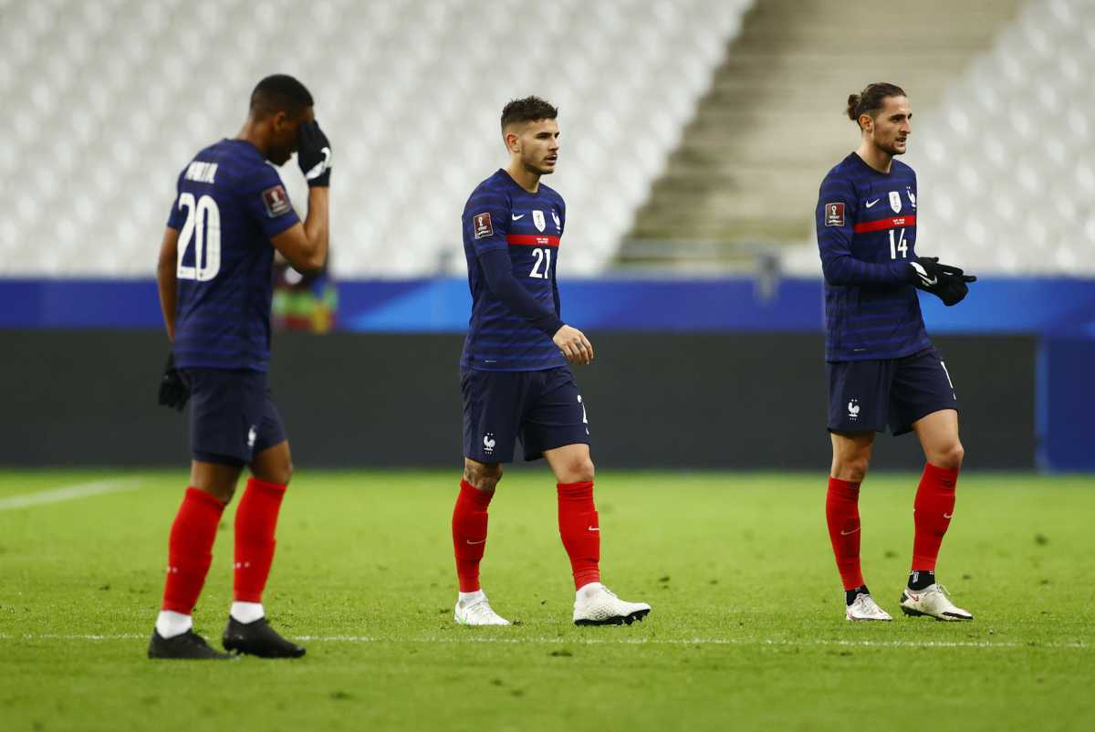Soccer Football - World Cup Qualifiers Europe - Group D - France v Ukraine - Stade de France, Saint-Denis, France - March 24, 2021 France's Adrien Rabiot and Lucas Hernandez after the match REUTERS
