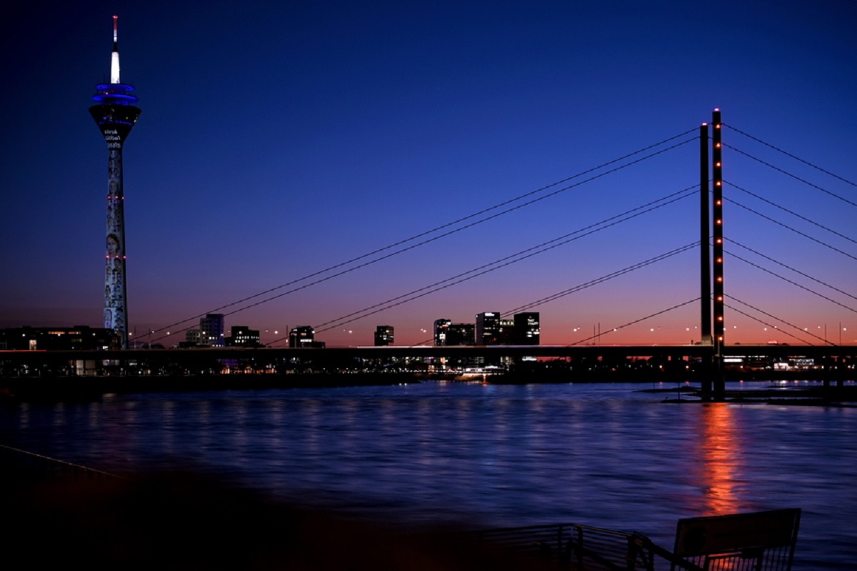 epa09054864 A general view of the illuminated Rhine Tower (Rheinturm) in Duesseldorf, Germany, 05 March 2021. The illumination shows portraits of more than 200 children from Duesseldorf and the surrounding area. In addition, the paintings #Art4Globaoals of German artist Leon Loewentraut will be shown, which is an artistic representation of the 17 UN Sustainable Development Goals and his painting 'Good Health' that addresses the importance of vaccination. The projection also reads â€™Together against Corona' and 'Vaccination = Freedom' in English, Chinese, Spanish, Arabic, and German.  EPA