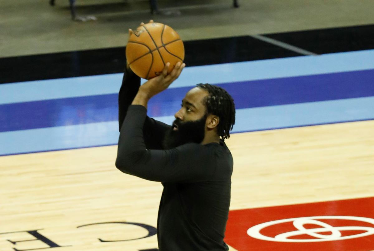 Mar 3, 2021; Houston, Texas, USA; James Harden #13 of the Brooklyn Nets warms up prior to playing the Houston Rockets at Toyota Center on March 03, 2021 in Houston, Texas. Mandatory Credit: Bob Levey-POOL PHOTOS-USA TODAY Sports