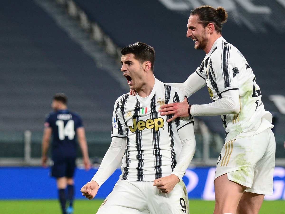 Soccer Football - Serie A - Juventus v Lazio - Allianz Stadium, Turin, Italy - March 6, 2021 Juventus' Alvaro Morata celebrates scoring their third goal with Adrien Rabiot REUTERS
