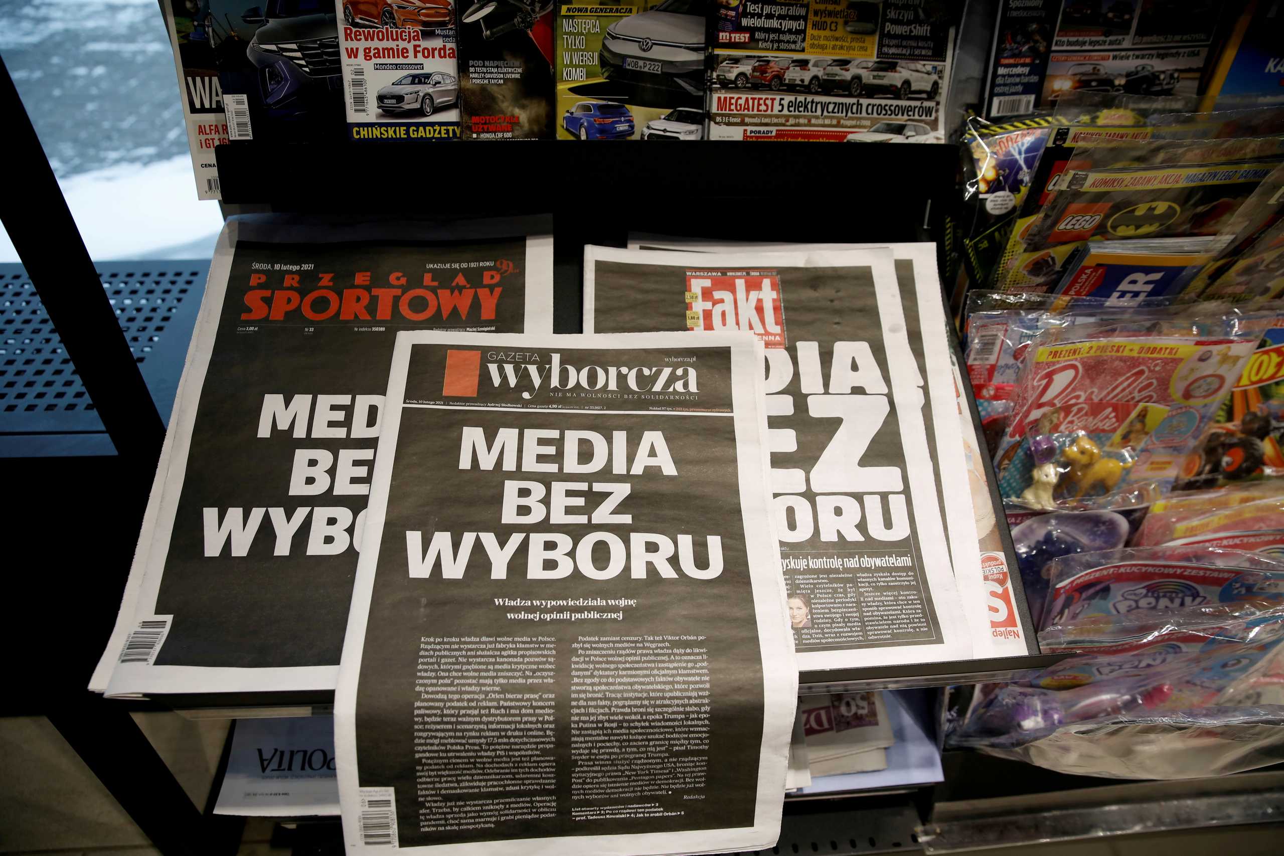 FILE PHOTO: The first pages of Poland's main private newspapers had black front pages with the slogan 'Media without choice' written on them in a protest on Wednesday against a proposed media advertising tax . REUTERS
