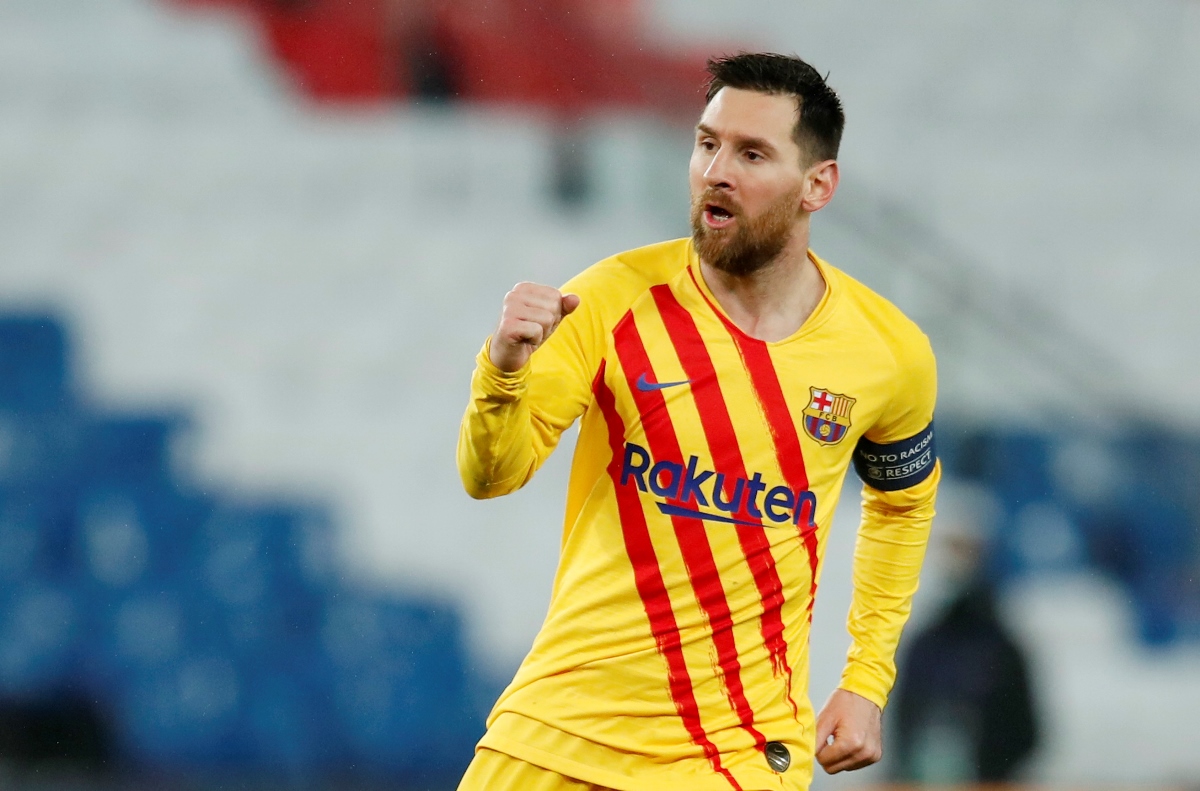 Soccer Football - Champions League - Round of 16 Second Leg - Paris St Germain v FC Barcelona - Parc des Princes, Paris, France - March 10, 2021 Barcelona's Lionel Messi celebrates scoring their first goal REUTERS