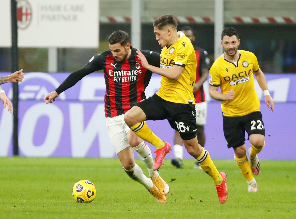 Soccer Football - Serie A - AC Milan v Udinese - San Siro, Milan, Italy - March 3, 2021 Udinese's Nahuel Molina in action with AC Milan's Theo Hernandez REUTERS