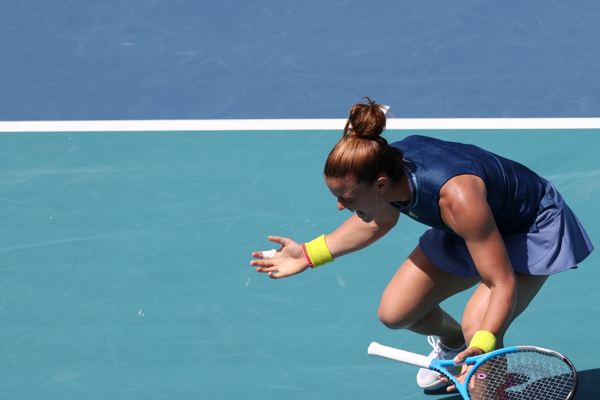 Mar 31, 2021; Miami, Florida, USA; Maria Sakkari of Greece celebrates after match point against Naomi Osaka of Japan (not pictured) in a women's singles quarterfinal in the Miami Open at Hard Rock Stadium. Mandatory Credit: Geoff Burke-USA TODAY Sports