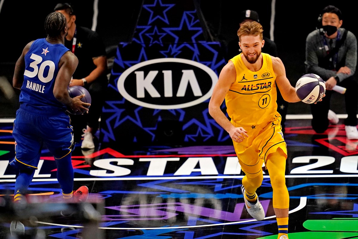 Mar 7, 2021; Atlanta, Georgia, USA;  Indiana Pacers guard Domantas Sabonis (11) competes against New York Knicks guard Julius Randle (30) during the NBA All-Star Skill Challenge at State Farm Arena. Mandatory Credit: Dale Zanine-USA TODAY Sports