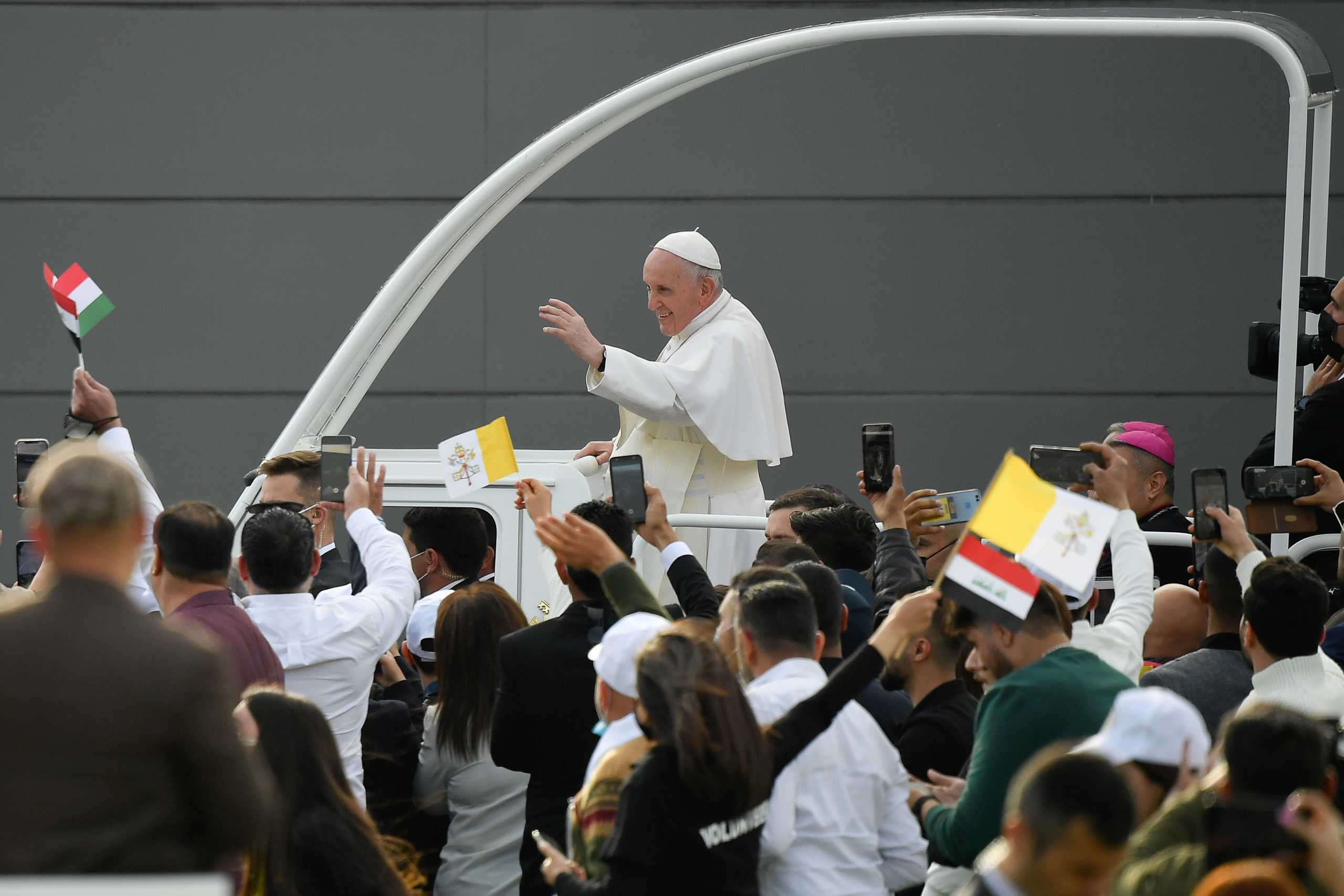 Pope Francis holds a Mass at Franso Hariri Stadium in Erbil, Iraq March 7, 2021.   Vatican Media