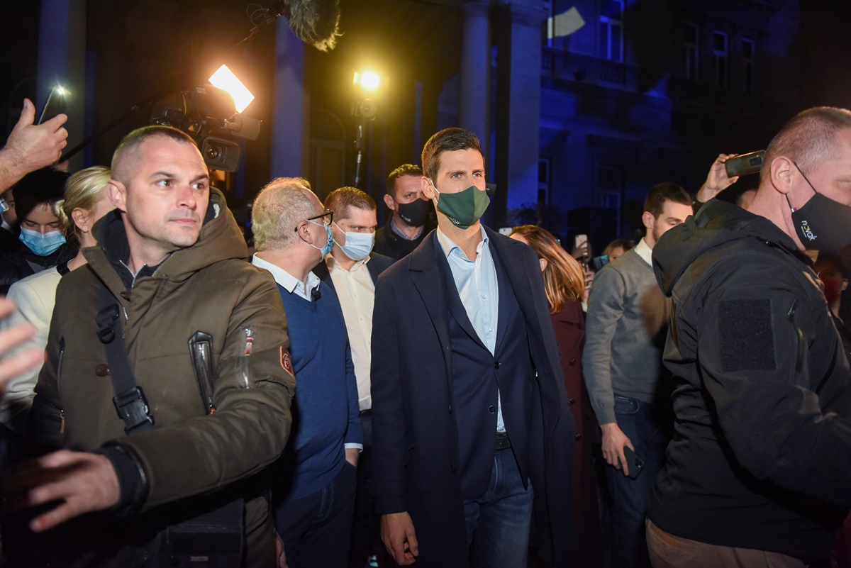 Novak Djokovic meets his fans in front of City Hall in Belgrade celebrating all time record for the most weeks atop the ATP standings, holding the top ranking for the 311th week, in Serbia, March 8, 2021. REUTERS