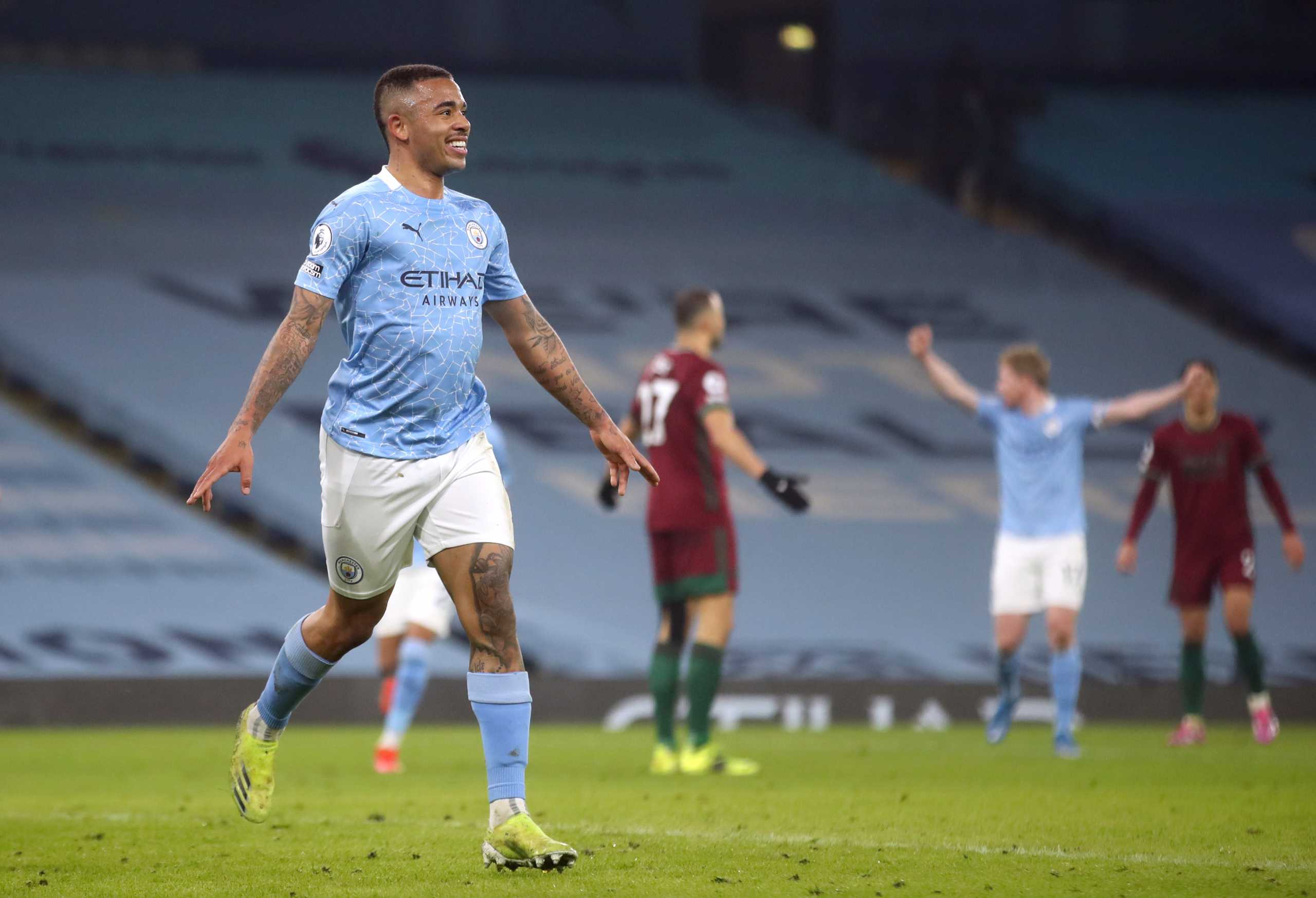 Soccer Football - Premier League -Manchester City v Wolverhampton Wanderers - Etihad Stadium, Manchester, Britain - March 2, 2021 Manchester City's Gabriel Jesus celebrates scoring their fourth goal Pool via REUTERS