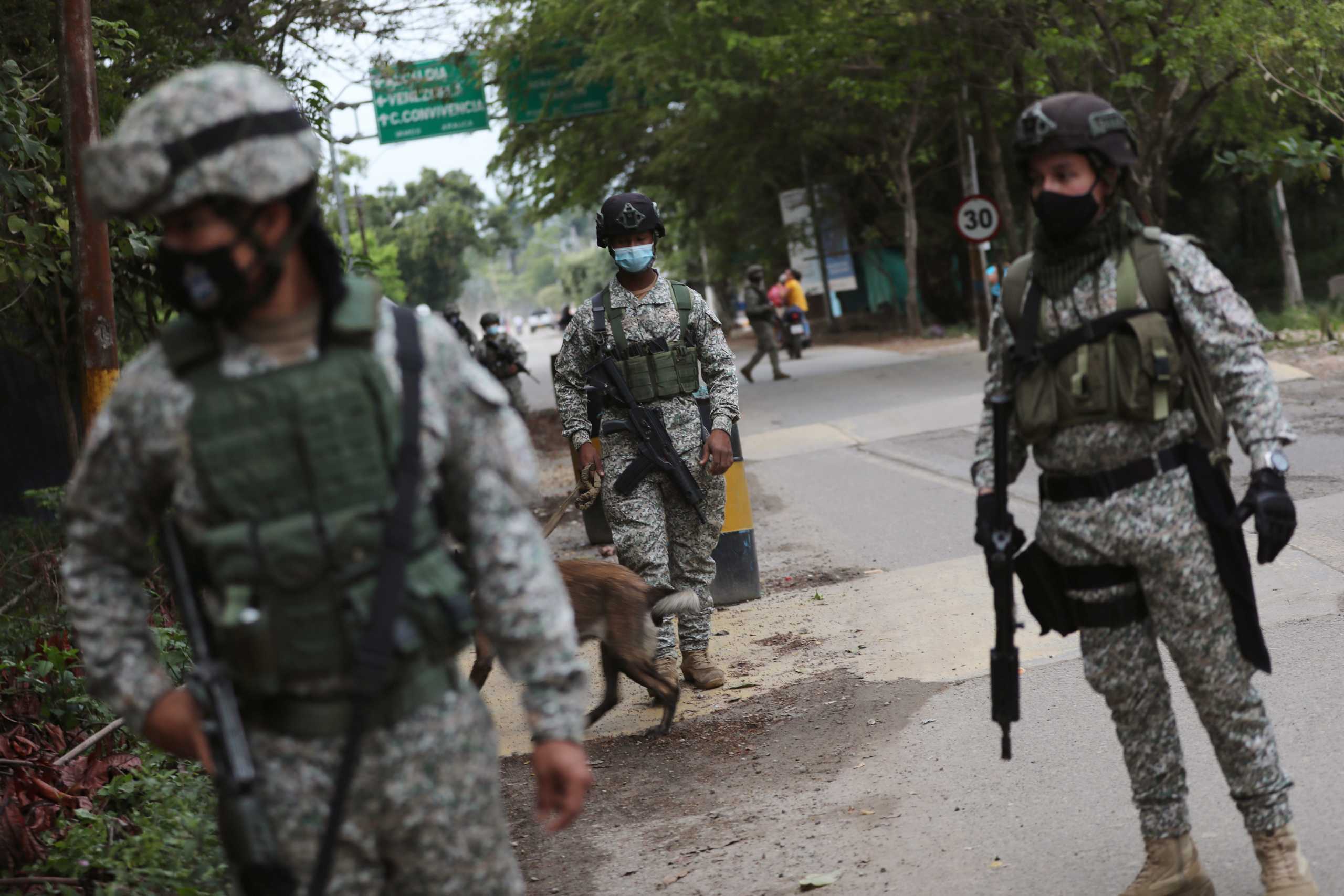 Colombian military soldiers patrol the streets in Arauquita, Colombia March 26, 2021. REUTERS