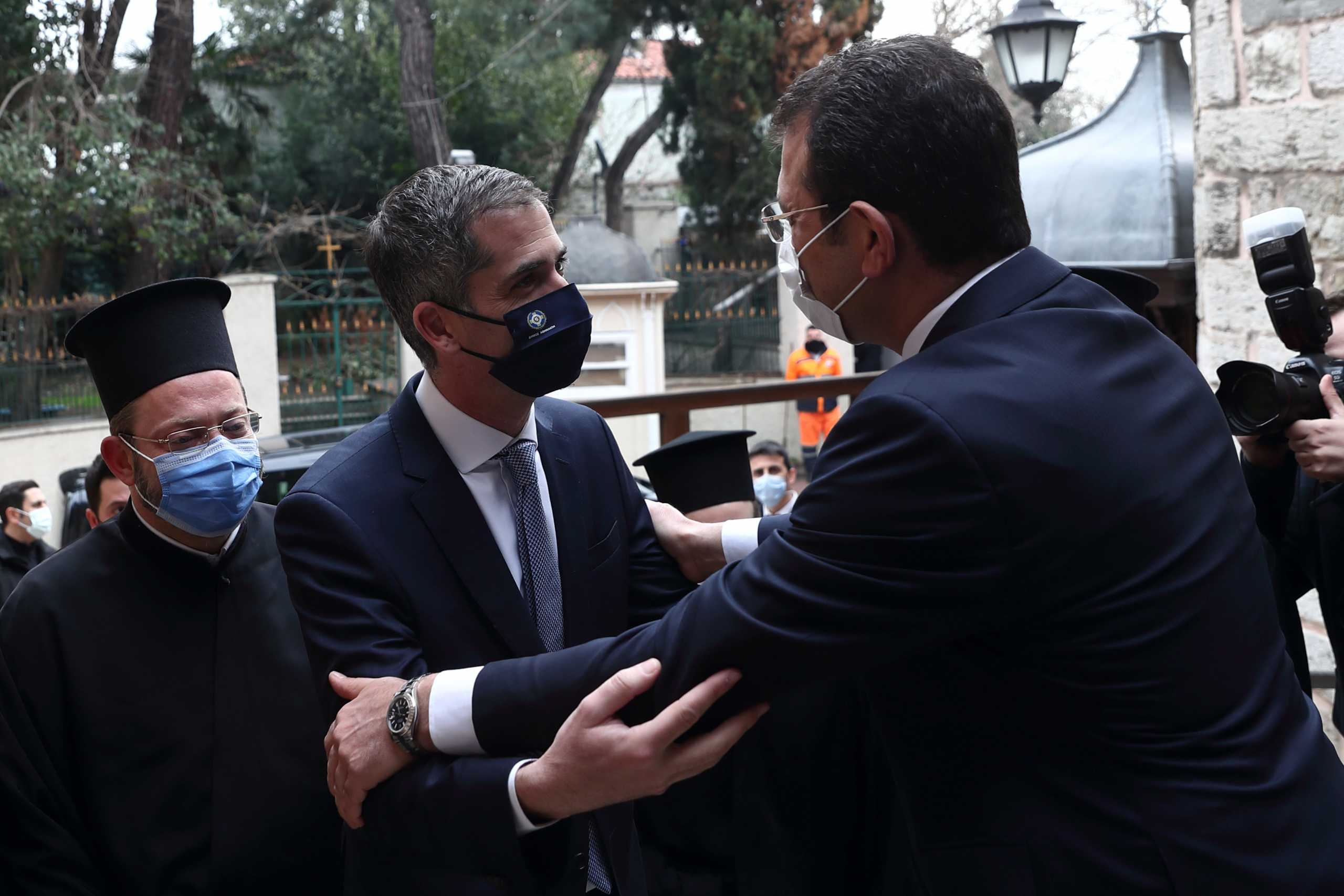 Athens Mayor Kostas Bakoyannis meets with Istanbul Mayor Ekrem Imamoglu at the Greek Orthodox Patriarchate in Istanbul, Turkey March 19, 2021. REUTERS