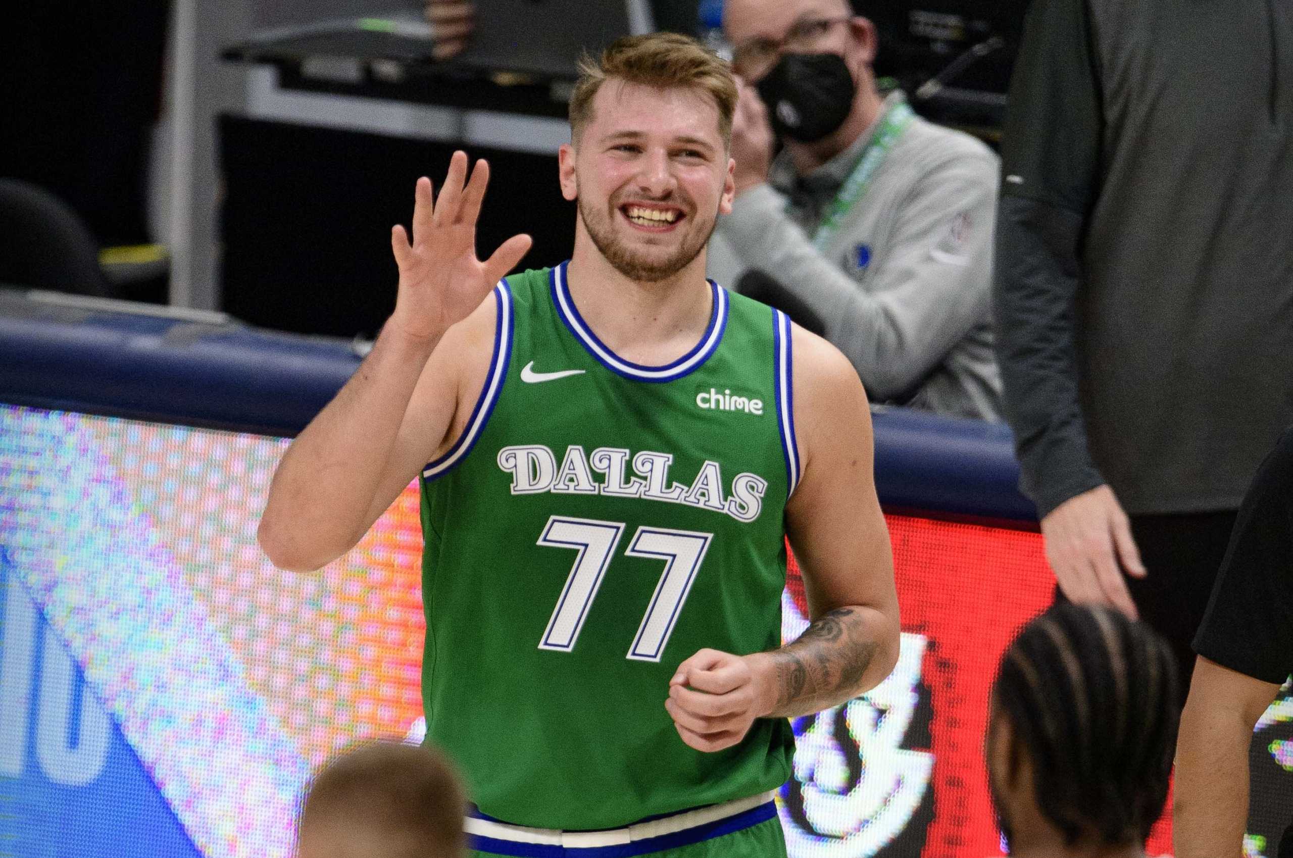 Mar 17, 2021; Dallas, Texas, USA; Dallas Mavericks guard Luka Doncic (77) celebrates during the game between the Dallas Mavericks and the LA Clippers at the American Airlines Center. Mandatory Credit: Jerome Miron-USA TODAY Sports