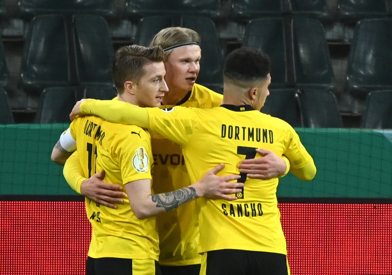 Soccer Football - DFB Cup - Quarter Final - Borussia Moenchengladbach v Borussia Dortmund - Borussia-Park, Moenchengladbach, Germany - March 2, 2021 Borussia Dortmund's Erling Braut Haaland celebrates scoring a goal later disallowed after VAR review Pool via REUTERS