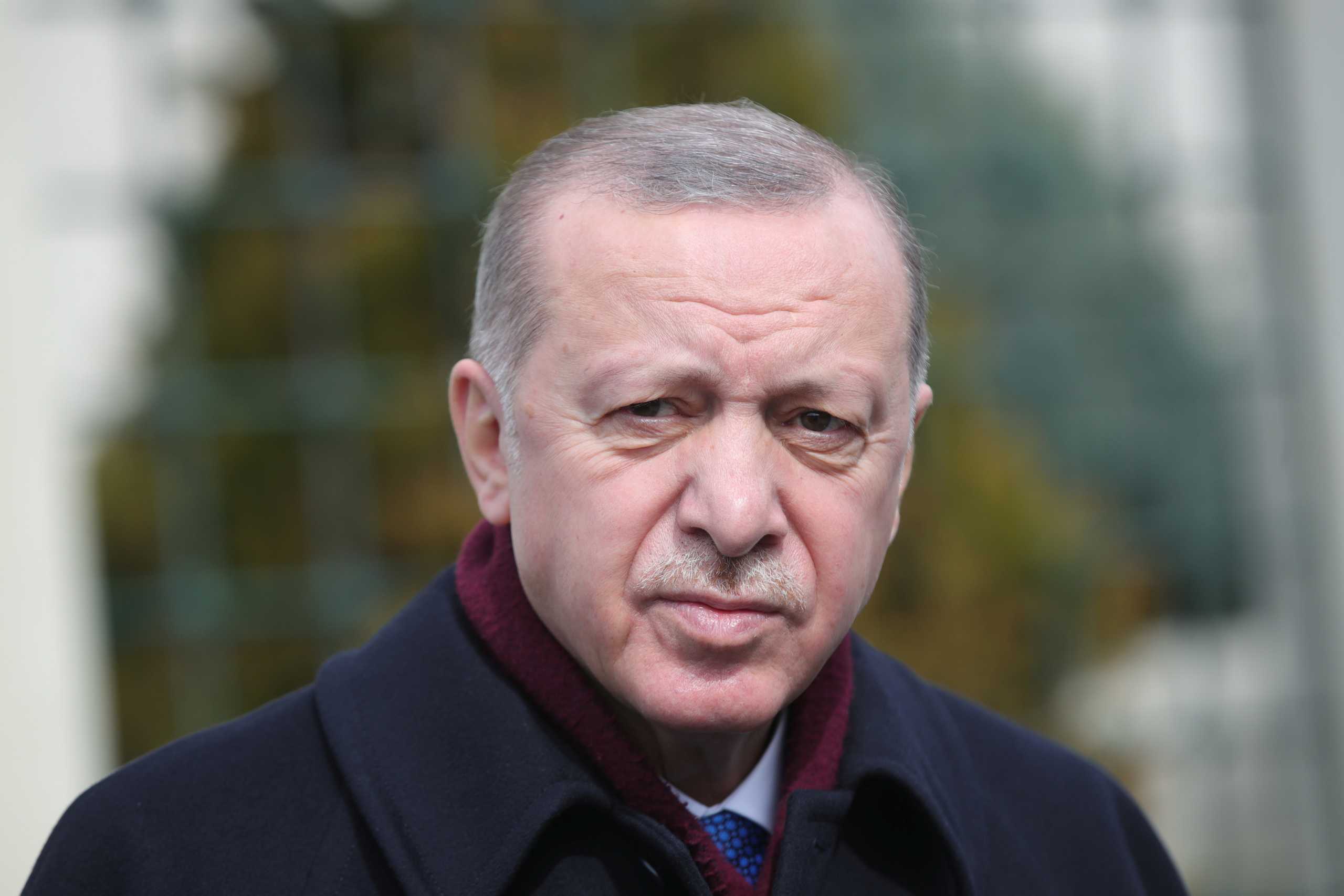 Turkish President Recep Tayyip Erdogan looks on as he addresses the media after the Friday prayers in Istanbul, Turkey March 12, 2021. Presidential Press Office