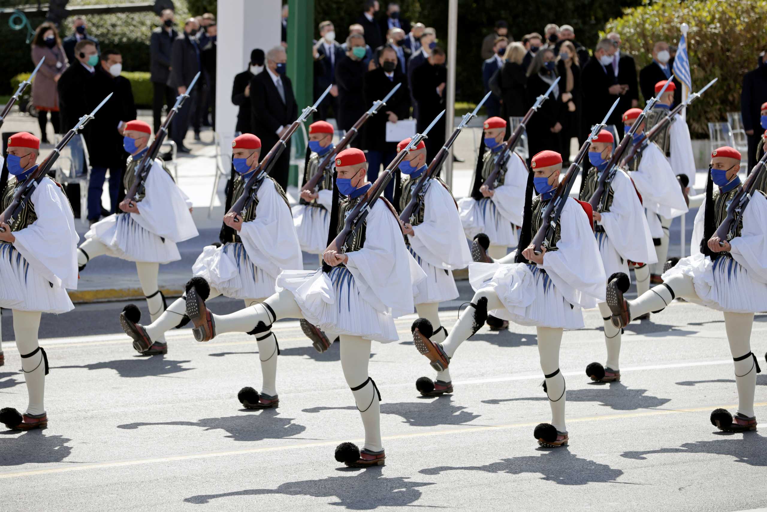 Greek Presidential Guards march during a military parade marking the 200th anniversary of the Greek War of Independence, in Athens, Greece March 25, 2021. REUTERS