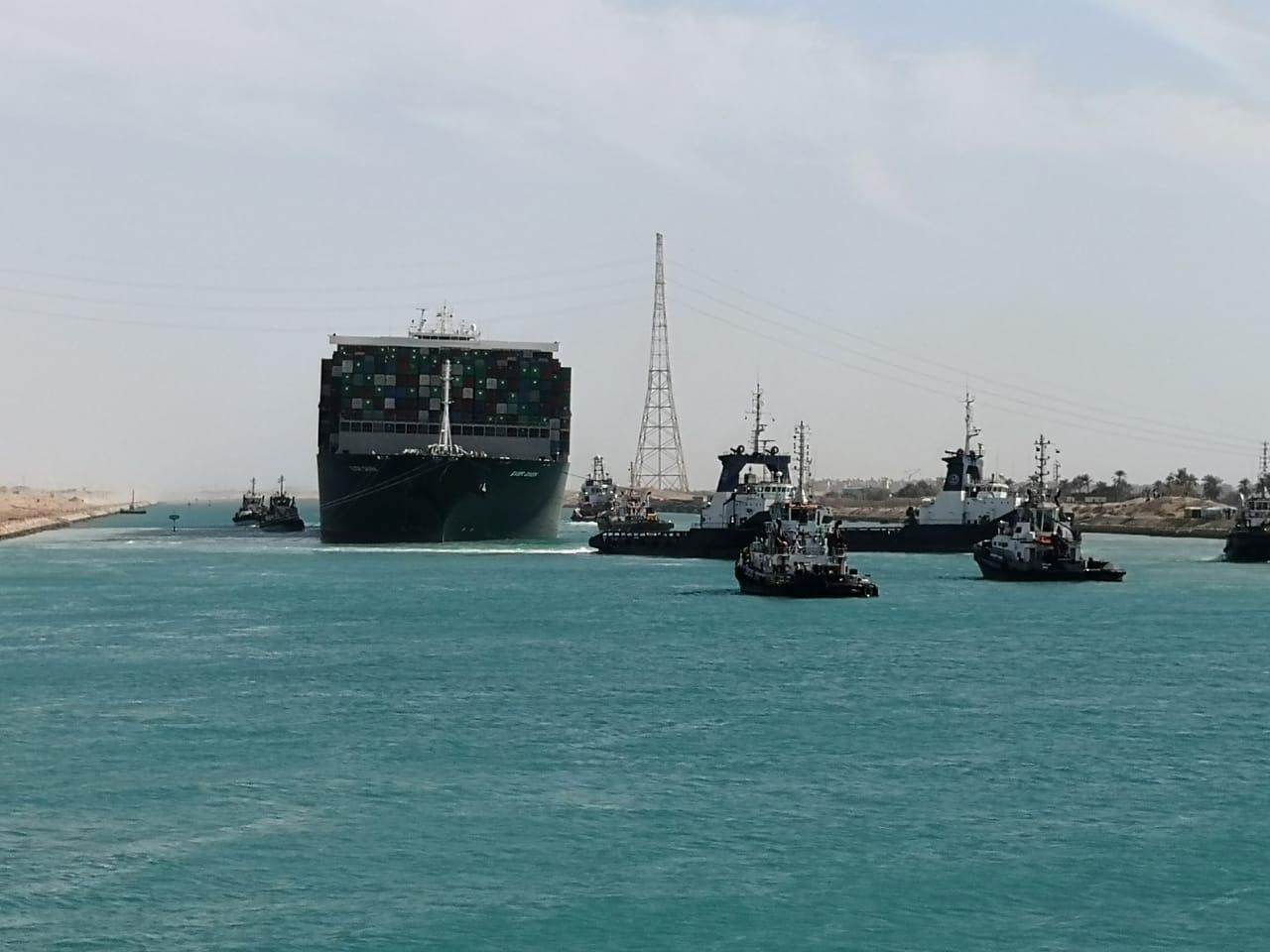 Ship Ever Given, one of the world's largest container ships, is seen after it was fully floated in Suez Canal, Egypt March 29, 2021.  Suez Canal Authority