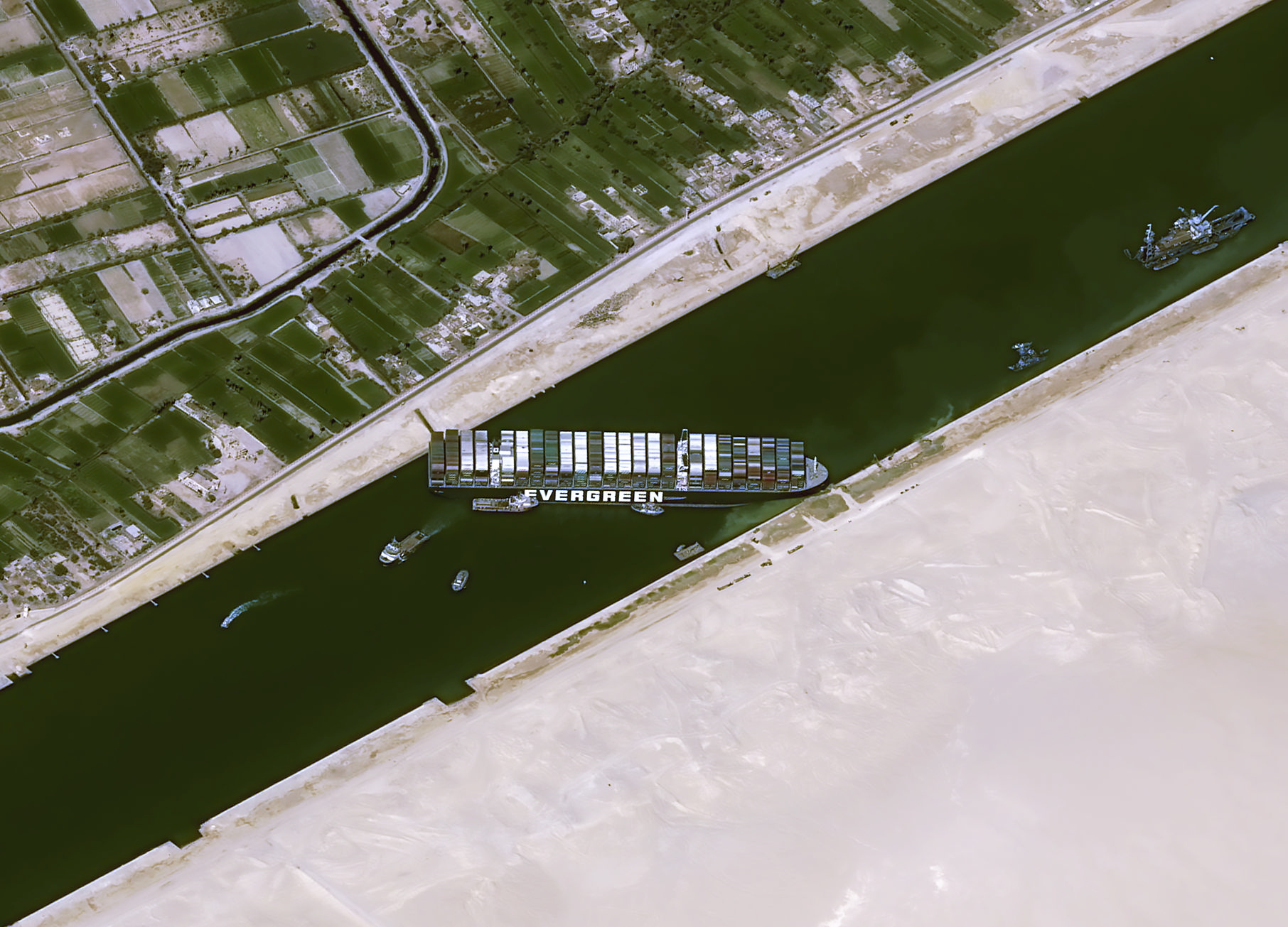 A satellite image shows stranded container ship Ever Given after it ran aground in Suez Canal, Egypt March 25, 2021. CNES
