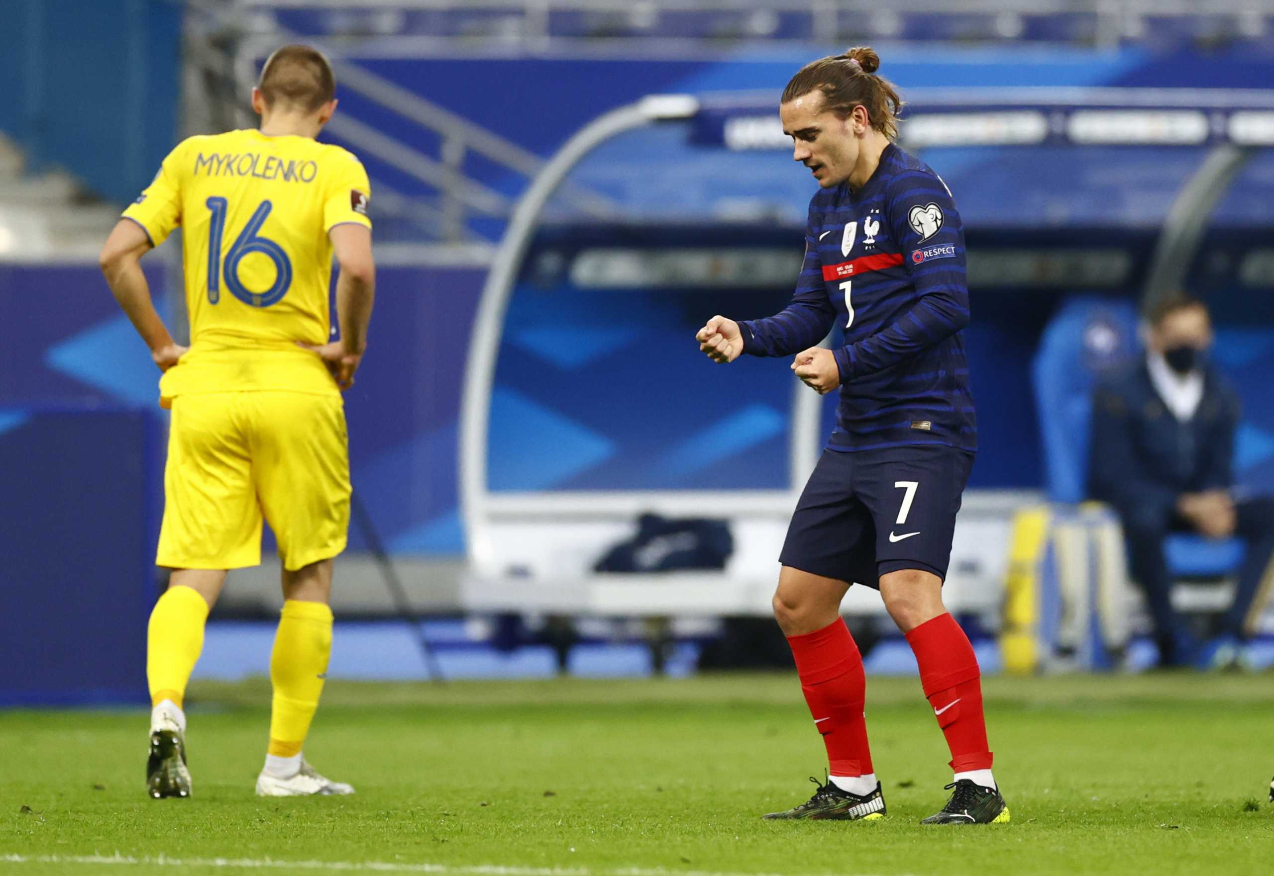 Soccer Football - World Cup Qualifiers Europe - Group D - France v Ukraine - Stade de France, Saint-Denis, France - March 24, 2021  France's Antoine Griezmann celebrates scoring their first goal REUTERS
