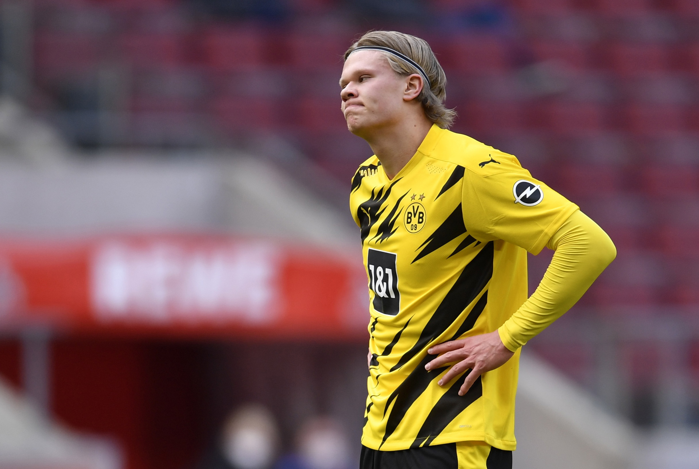 Soccer Football - Bundesliga - FC Cologne v Borussia Dortmund - RheinEnergieStadion, Cologne, Germany - March 20, 2021 Borussia Dortmund's Erling Braut Haaland reacts Pool via REUTERS