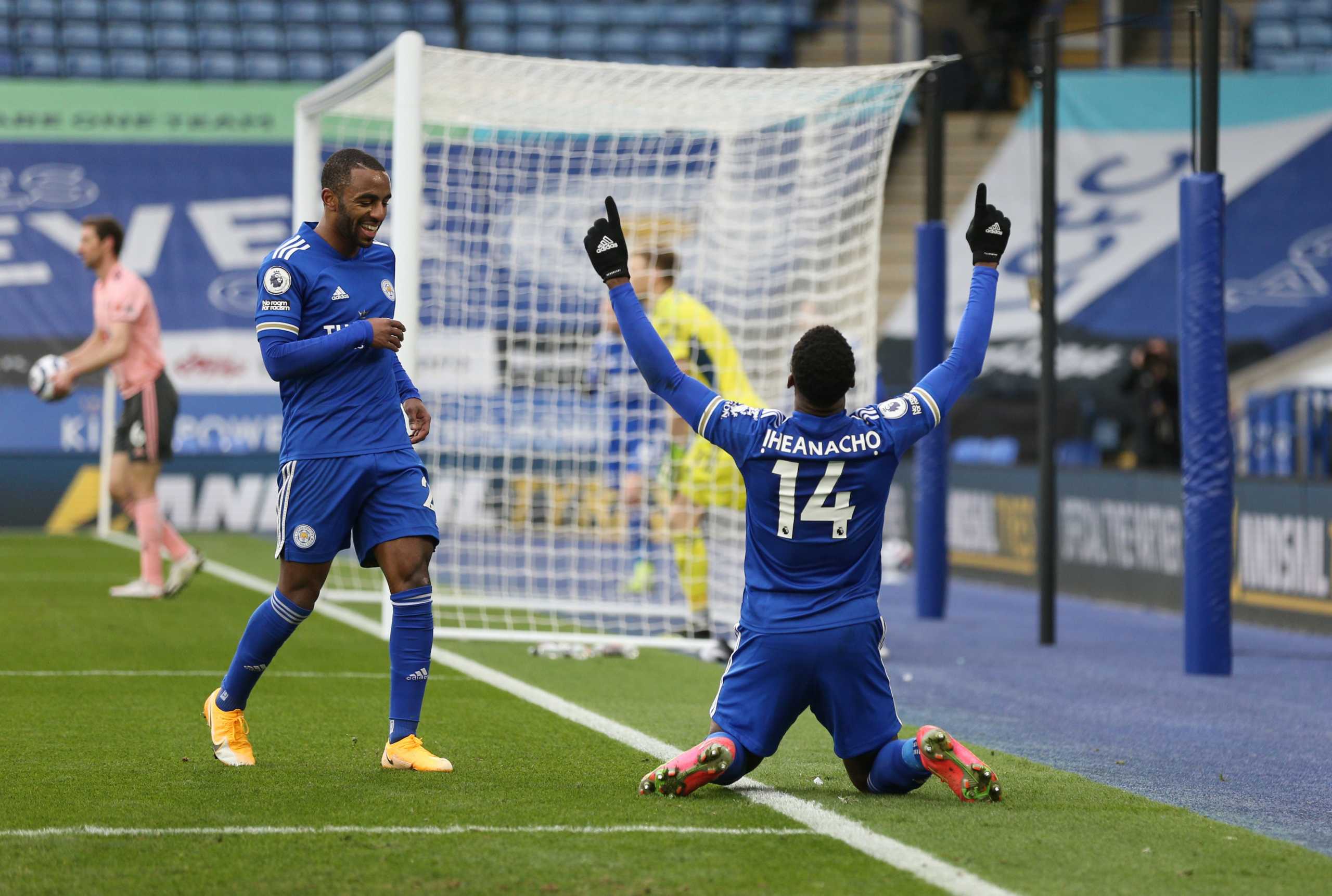Soccer Football - Premier League - Leicester City v Sheffield United - King Power Stadium, Leicester, Britain - March 14, 2021 Leicester City's Kelechi Iheanacho celebrates scoring their first goal Pool via REUTERS