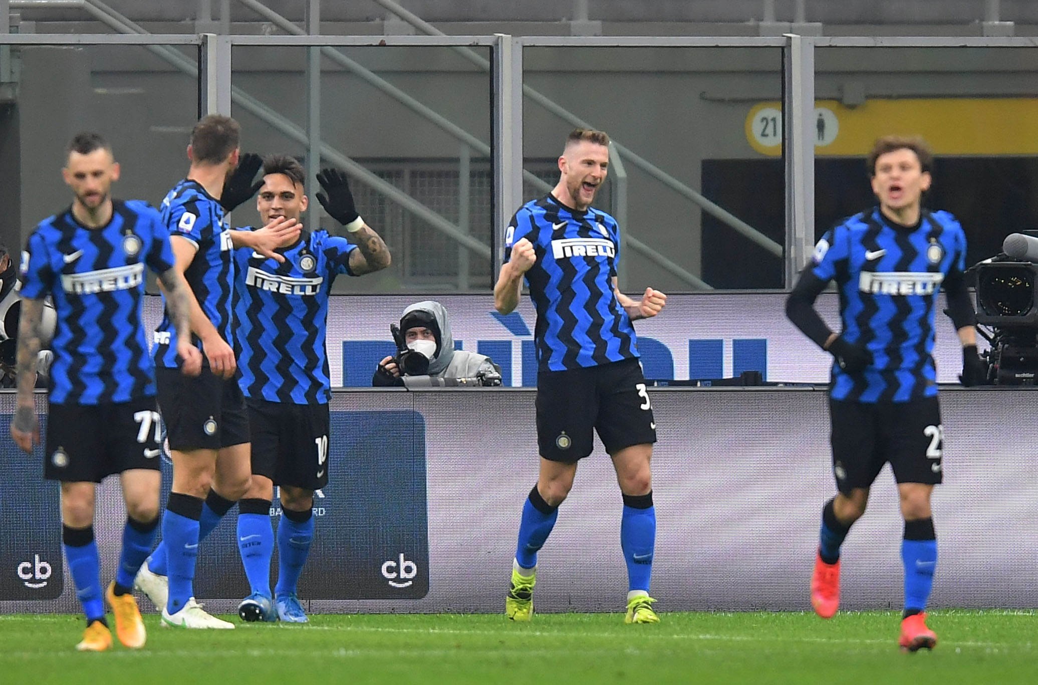 Soccer Football - Serie A - Inter Milan v Atalanta - San Siro, Milan, Italy - March 8, 2021 Inter Milan's Milan Skriniar celebrates scoring their first goal REUTERS