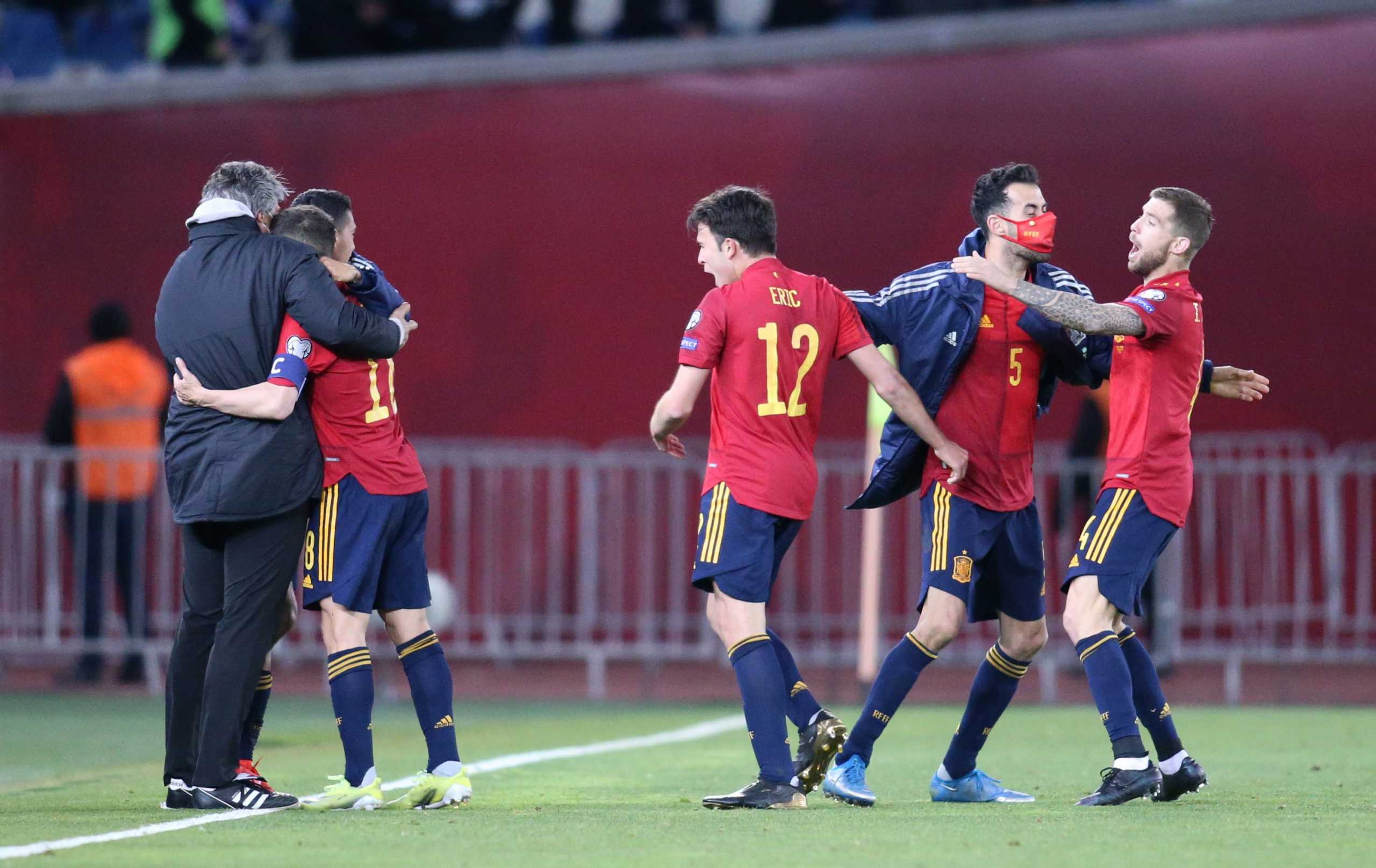 Soccer Football - World Cup Qualifiers Europe - Group B - Georgia v Spain - Boris-Paichadze Stadium, Tbilisi, Georgia - March 28, 2021 Spain players celebrate their second goal scored by Dani Olmo REUTERS