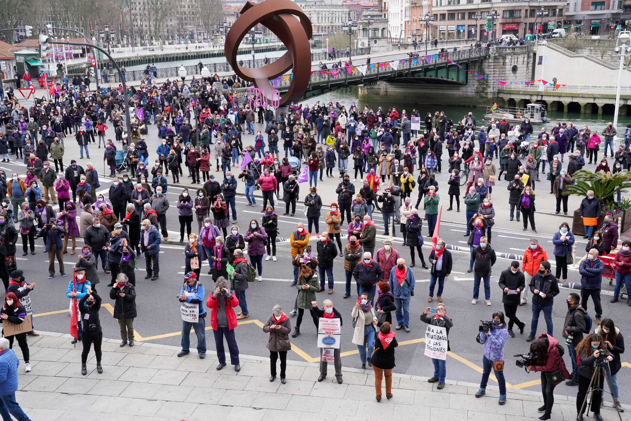 Protesters gather at the town hall on International Women's Day in Bilbao, Spain, March 8, 2021. REUTERS