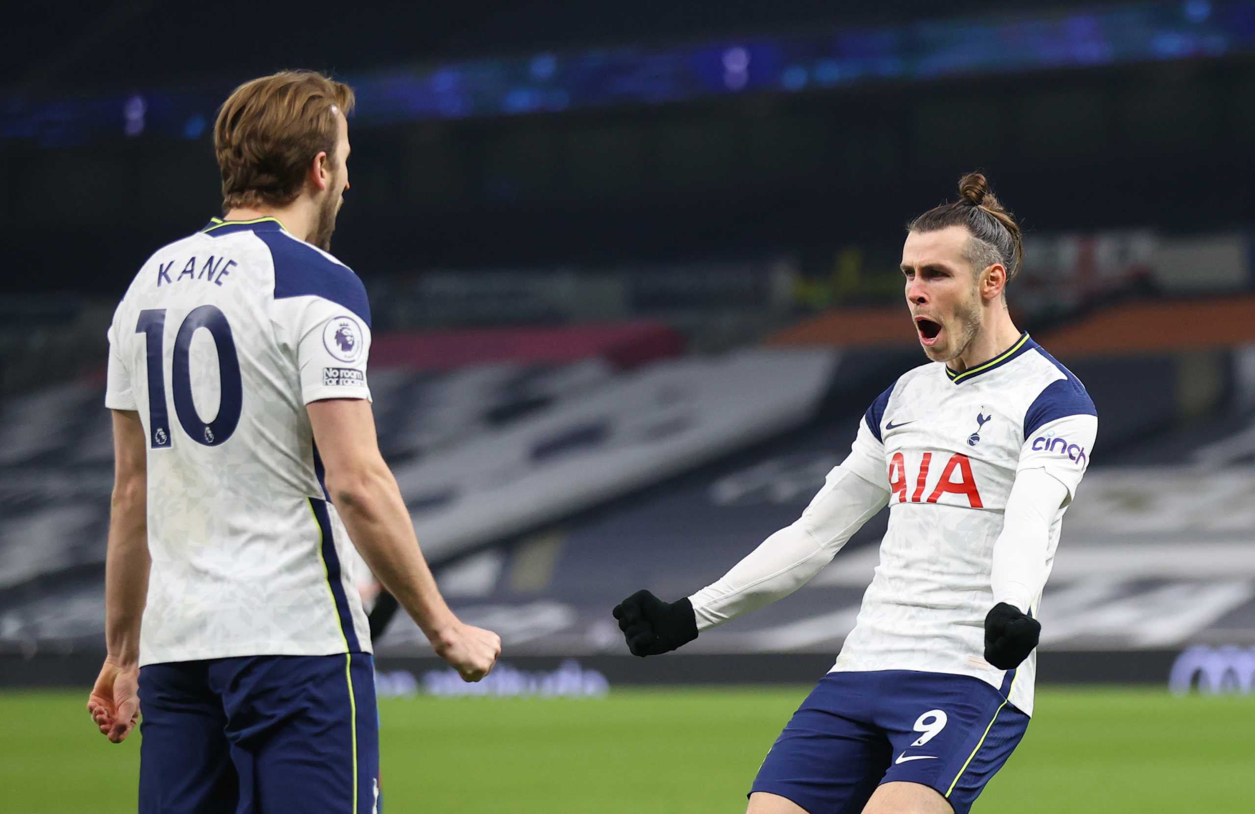 Soccer Football - Premier League - Tottenham Hotspur v Crystal Palace - Tottenham Hotspur Stadium, London, Britain - March 7, 2021 Tottenham Hotspur's Gareth Bale celebrates scoring their second goal with Harry Kane Pool via REUTERS