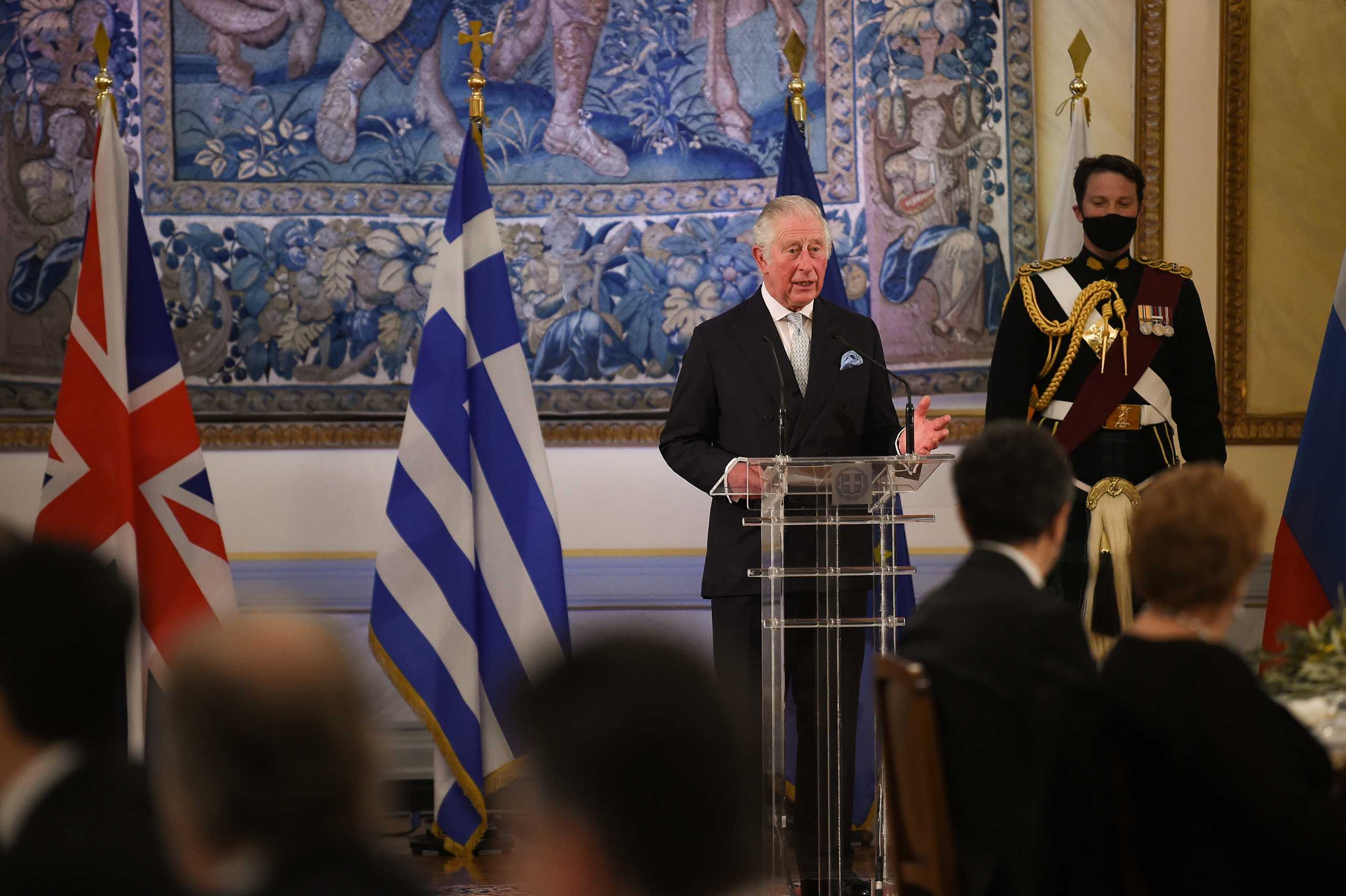 Britain's Prince Charles delivers a speech during an official dinner with Greek President Katerina Sakellaropoulou at the presidential mansion in Athens, Greece March 24, 2021. Angelos Tzortzinis