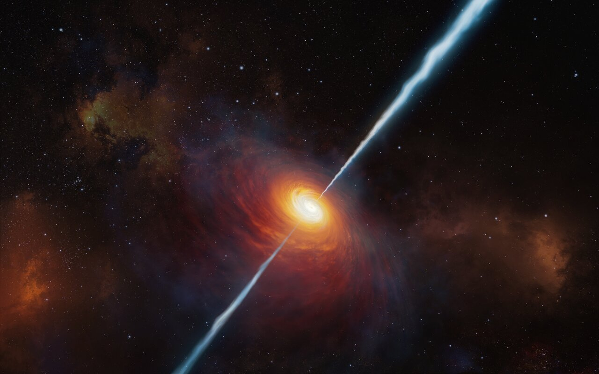 This artist’s impression shows how the distant quasar P172+18 and its radio jets may have looked. To date (early 2021), this is the most distant quasar with radio jets ever found and it was studied with the help of ESO’s Very Large Telescope. It is so distant that light from it has travelled for about 13 billion years to reach us: we see it as it was when the Universe was only about 780 million years old.
