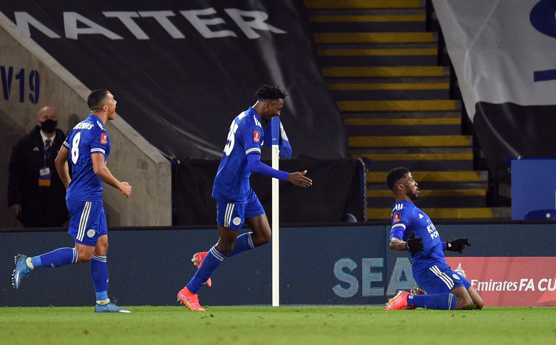Soccer Football -  FA Cup Quarter Final - Leicester City v Manchester United - King Power Stadium, Leicester, Britain - March 21, 2021 Leicester City's Kelechi Iheanacho celebrates scoring their third goal REUTERS