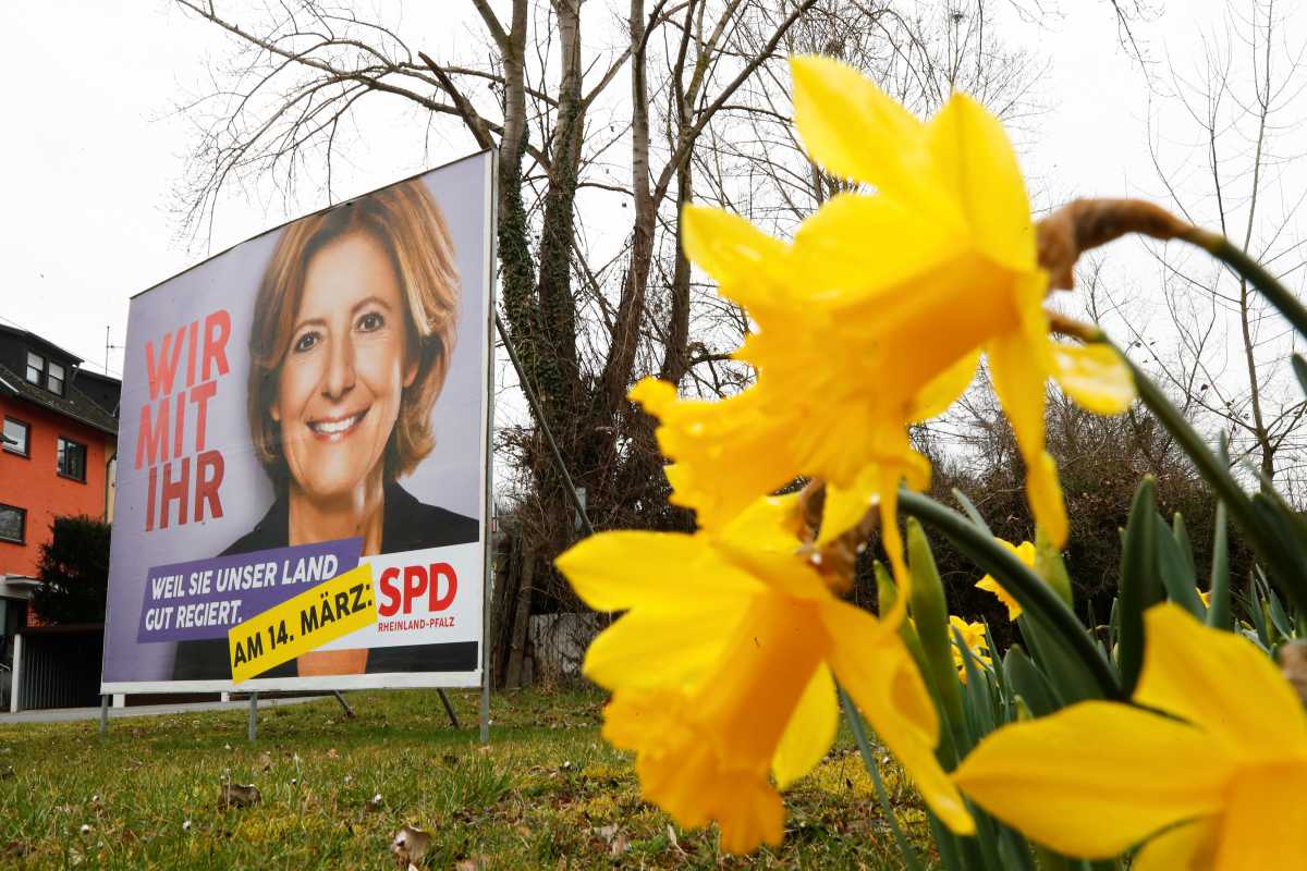 A placard of Malu Dreyer, federal state prime minister of Rhineland-Palatinate and Social Democratic party SPD top candidate for the upcoming March 14, 2021 federal state elections, is seen in Erpel, Germany, March 10, 2021.   REUTERS