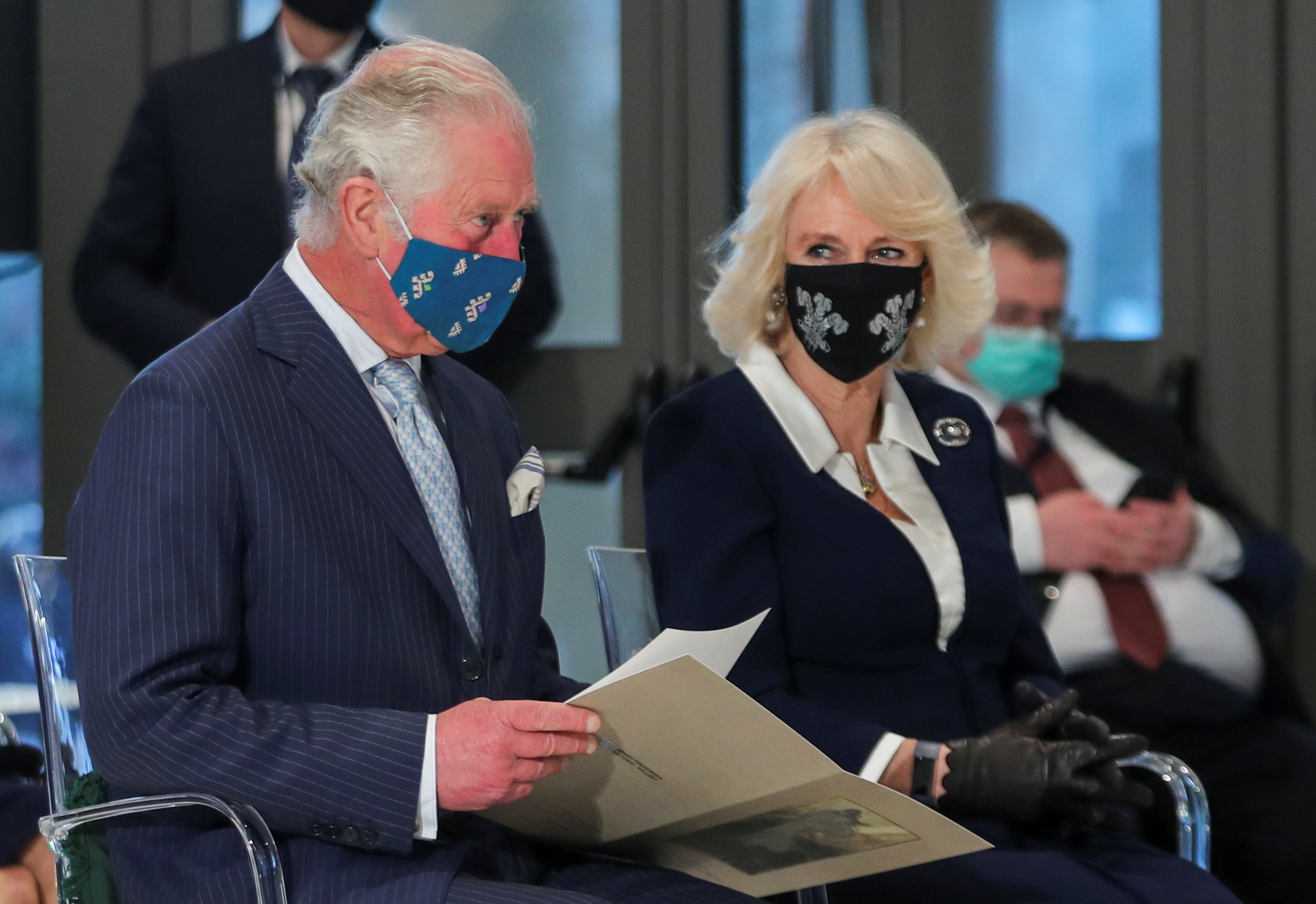 Britain's Prince Charles and Camilla, Duchess of Cornwall listen to a speech at the National Gallery during celebrations for the 200th anniversary of the Greek War of Independence, in Athens, Greece, March 24, 2021. REUTERS