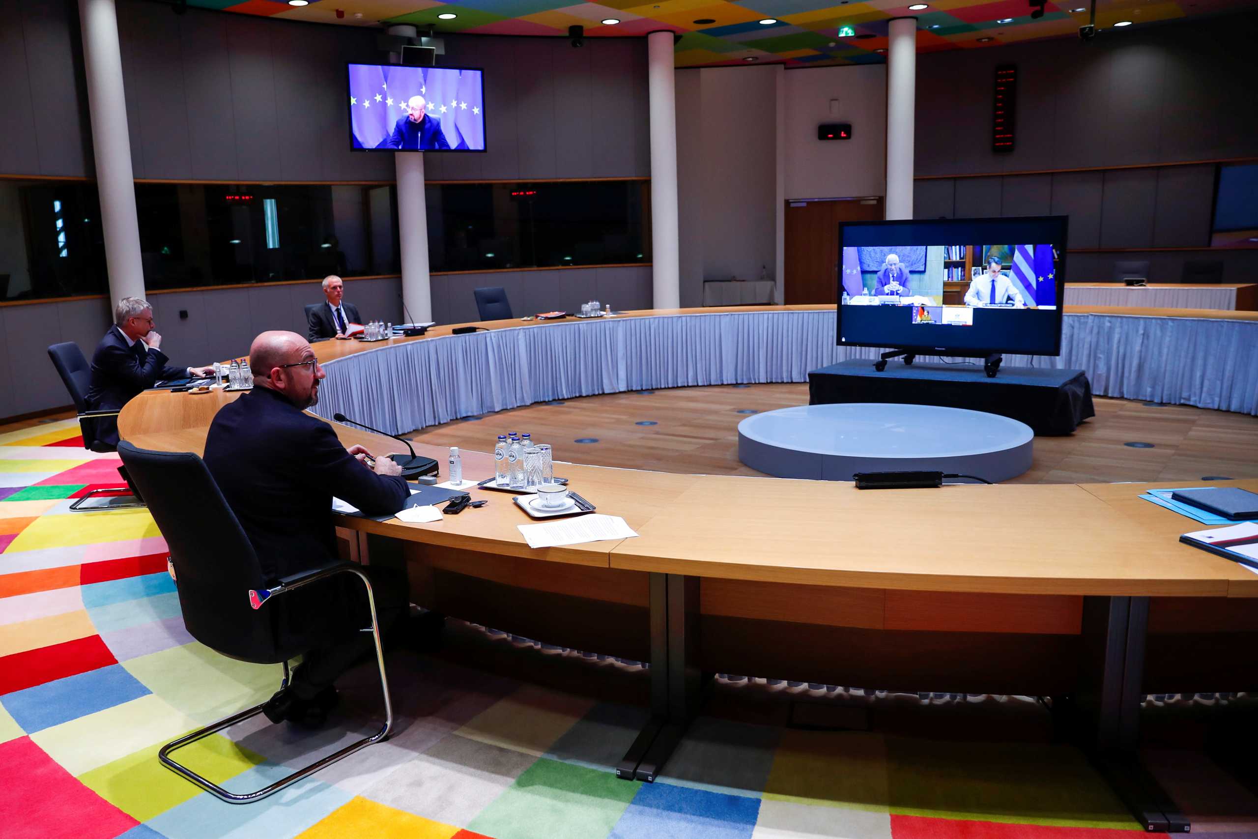 European Council President Charles Michel talks during a video conference with the leaders of Germany, France, Portugal and Greece ahead of the EU summit at the European Council headquarters in Brussels, Belgium March 23, 2021. Francisco Seco