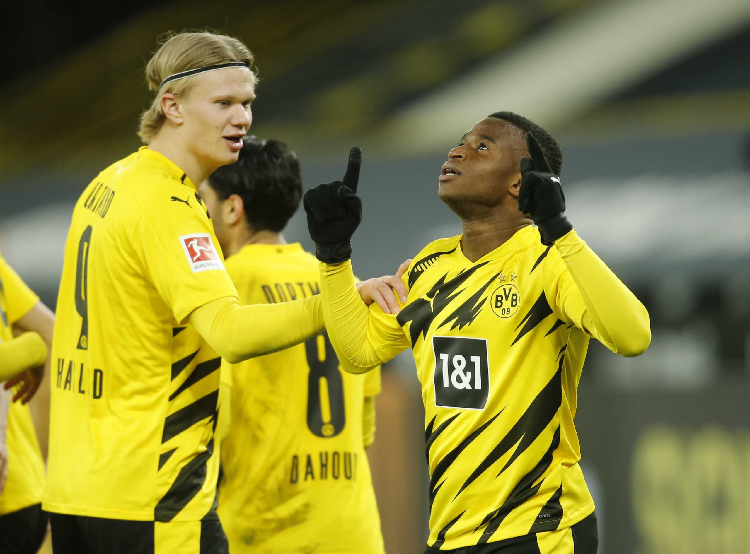 Soccer Football - Bundesliga - Borussia Dortmund v Hertha BSC - Signal Iduna Park, Dortmund, Germany - March 13, 2021 Borussia Dortmund's Youssoufa Moukoko celebrates scoring their second goal Pool via REUTERS
