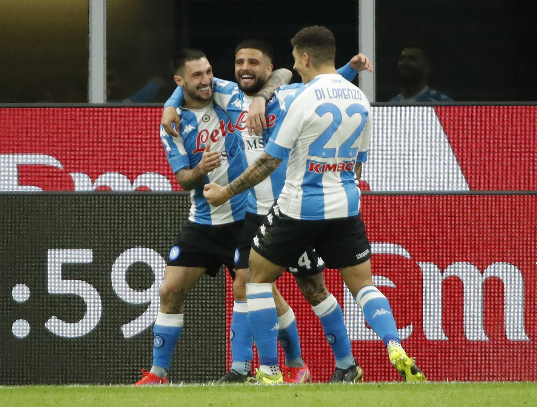 Soccer Football - Serie A - AC Milan v Napoli - San Siro, Milan, Italy - March 14, 2021 Napoli's Matteo Politano celebrates scoring their first goal with teammates REUTERS