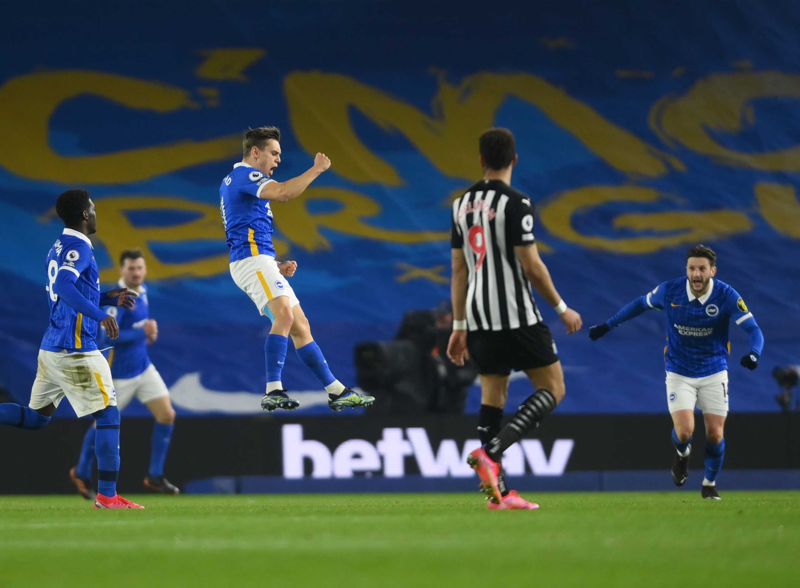 Soccer Football - Premier League - Brighton & Hove Albion v Newcastle United  - The American Express Community Stadium, Brighton, Britain - March 20, 2021 Brighton & Hove Albion's Leandro Trossard celebrates scoring their first goal Pool via REUTERS