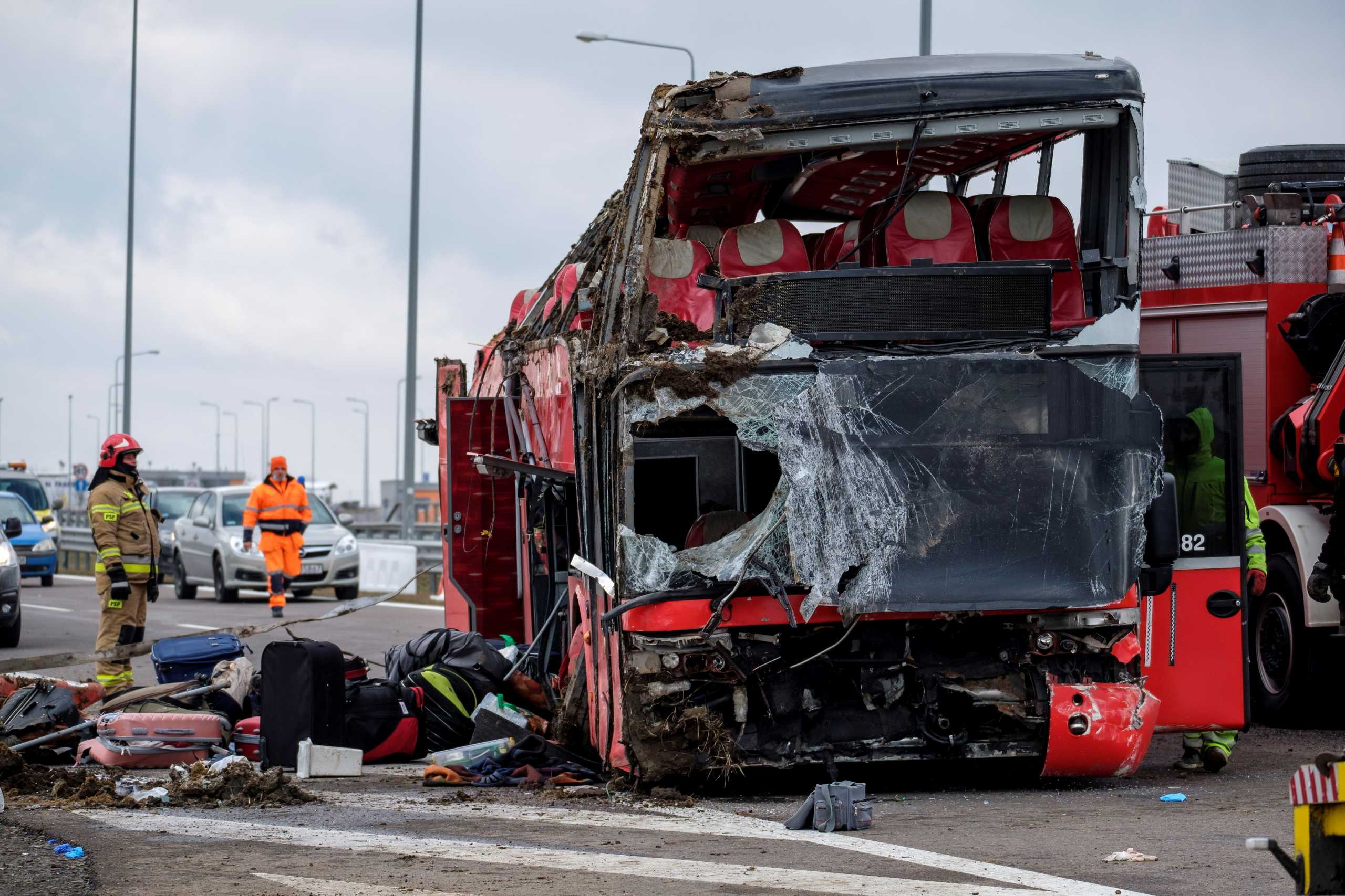A general view of a site of a Ukrainian bus crash on the side of A4 highway from Jaroslaw to Korczowa, near Koszyce, Poland  March 6, 2021.  Agencja Gazeta