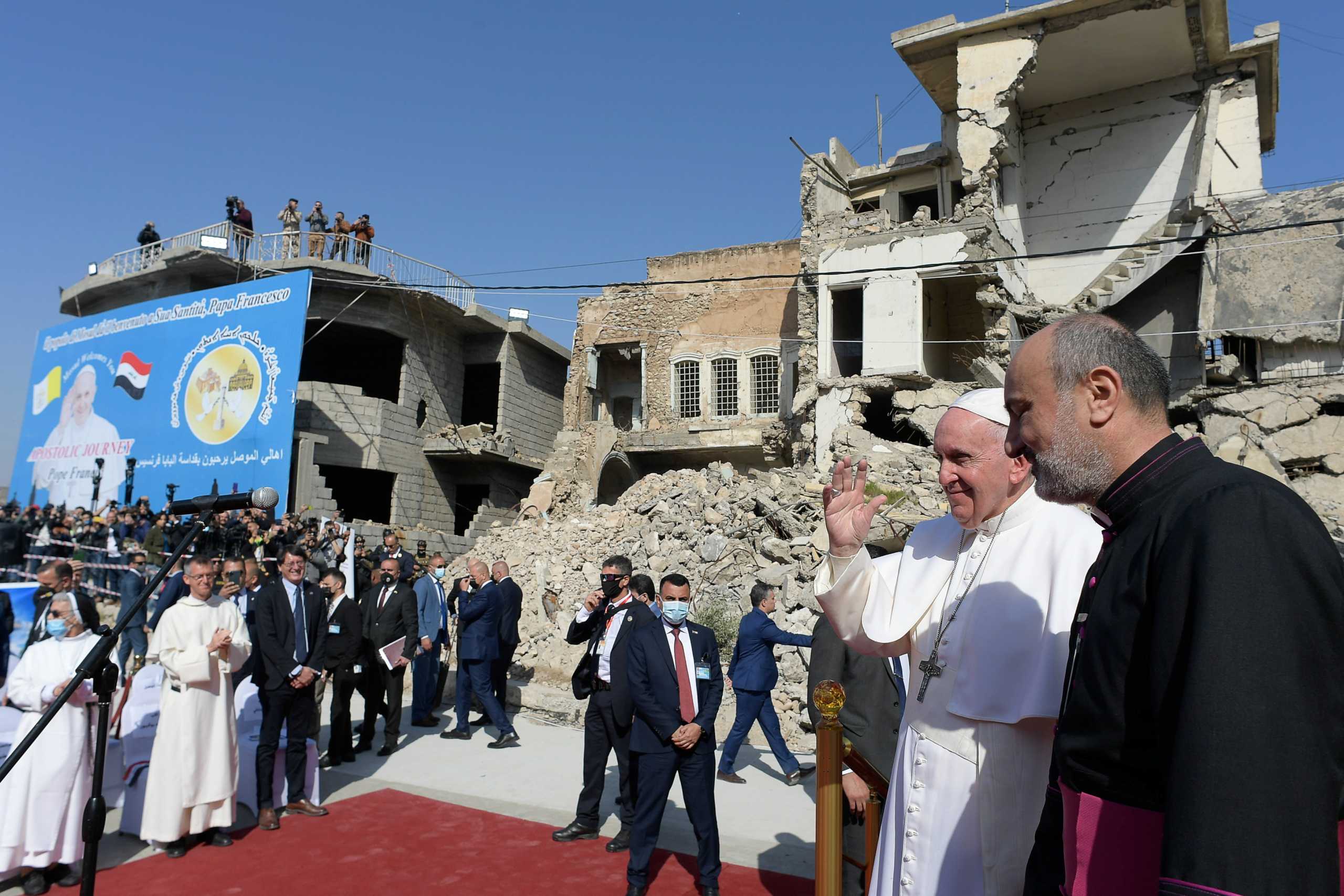 Pope Francis attends a prayer for war victims at 'Hosh al-Bieaa', Church Square, in Mosul's Old City, Iraq, March 7, 2021. Vatican Media