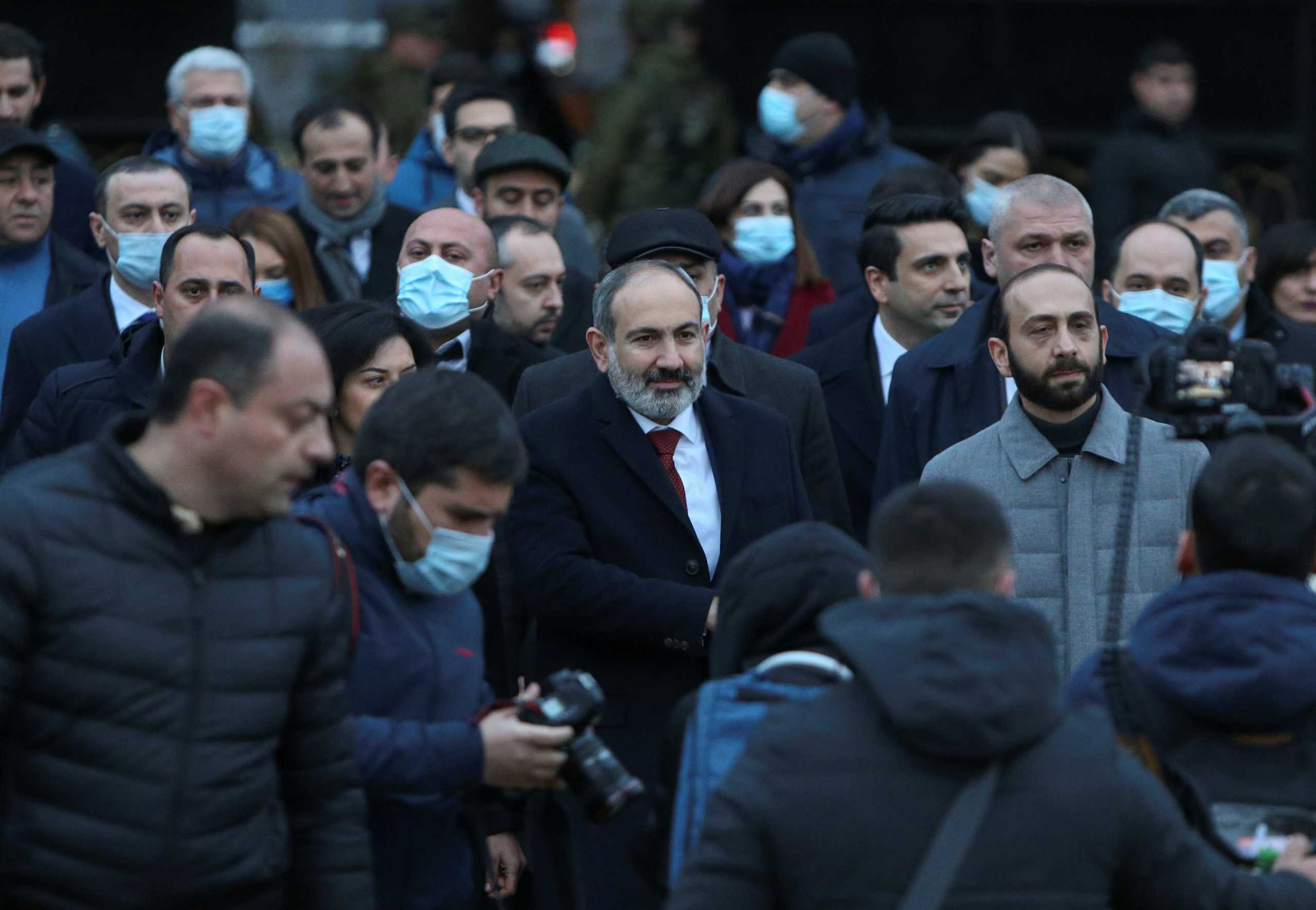 Armenian Prime Minister Nikol Pashinyan attends a rally held by his supporters in Republic Square in Yerevan, Armenia March 1, 2021. Stepan Poghosyan