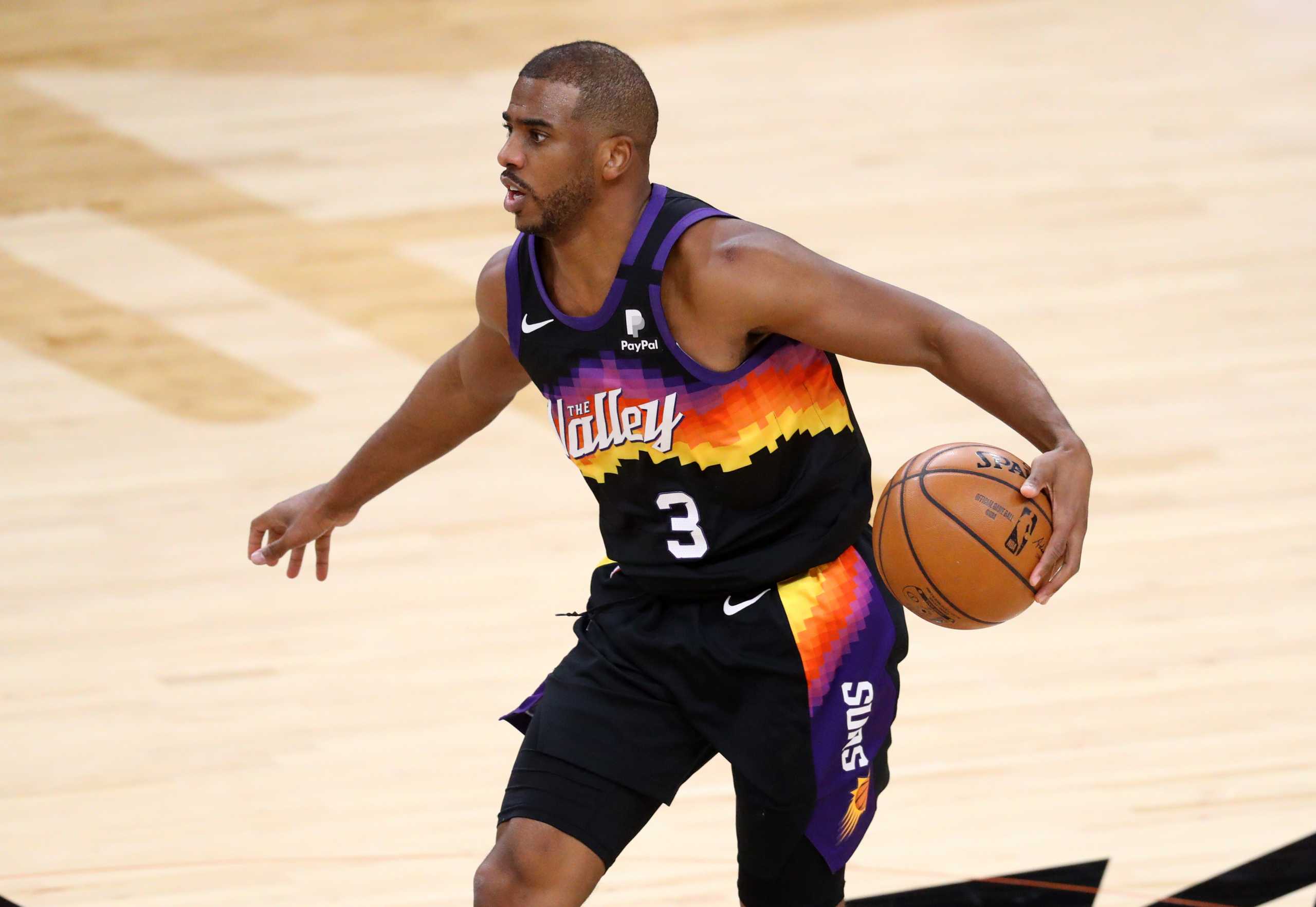Mar 21, 2021; Phoenix, Arizona, USA; Phoenix Suns guard Chris Paul (3) against the Los Angeles Lakers during the second half at Phoenix Suns Arena. Mandatory Credit: Mark J. Rebilas-USA TODAY Sports