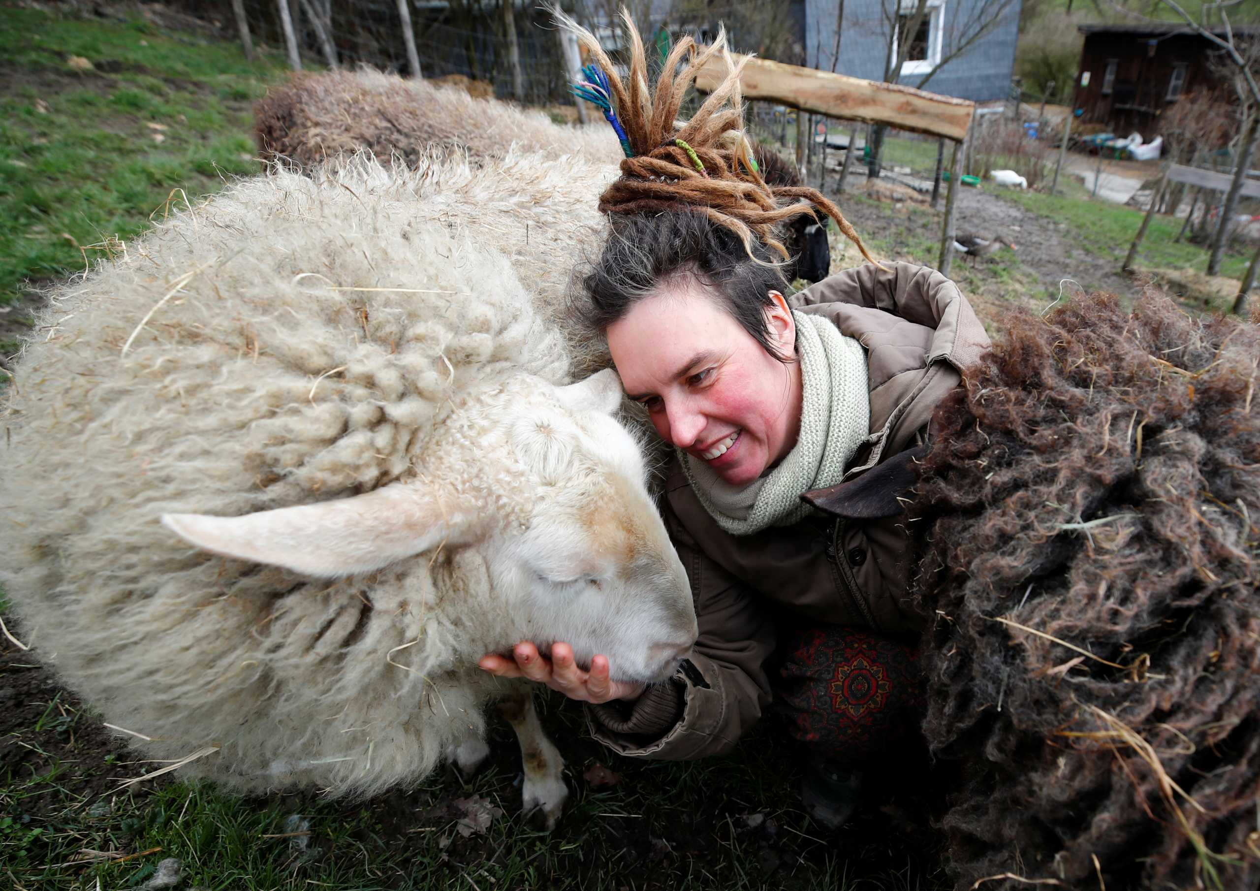 Lexa Voss, personality development coach, strokes her sheep Edda at her little farm, where she holds sheep cuddling seminars during COVID-19 lockdown in Hattingen, near Wuppertal, Germany, March 11, 2021.  REUTERS