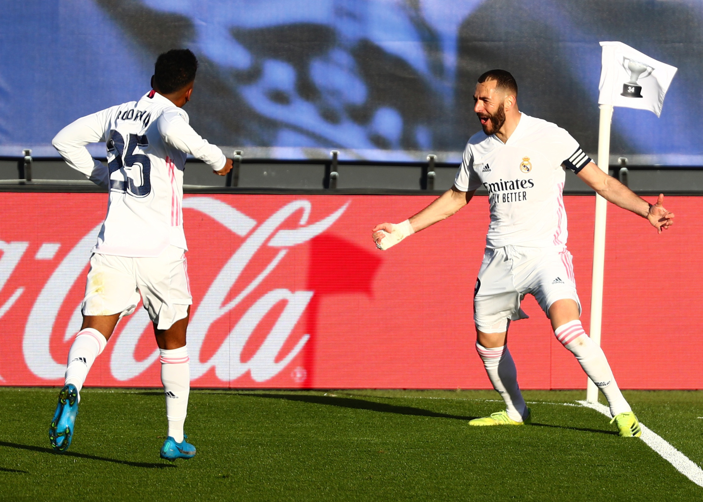 Soccer Football - La Liga Santander - Real Madrid v Elche - Estadio Alfredo Di Stefano, Madrid, Spain - March 13, 2021 Real Madrid's Karim Benzema celebrates scoring their second goal with Rodrygo REUTERS