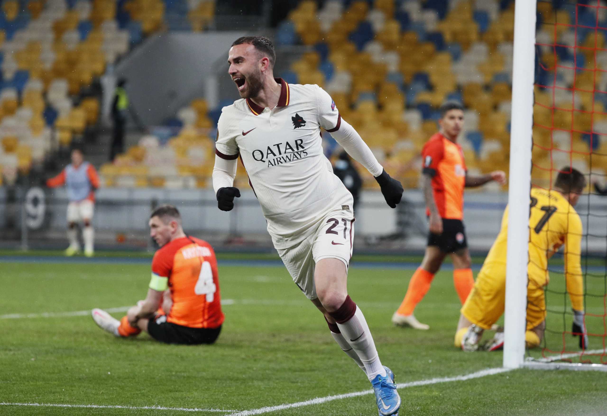 Soccer Football - Europa League - Round of 16 Second Leg - Shakhtar Donetsk v AS Roma - NSC Olimpiyskiy, Kyiv, Ukraine - March 18, 2021 AS Roma's Borja Mayoral celebrates scoring their first goal REUTERS
