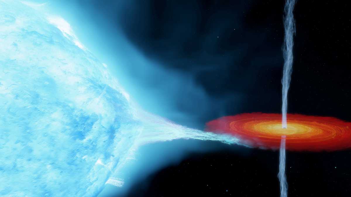 An artist's impression of the Cygnus X-1 system, with a so-called stellar-mass black hole orbiting a companion star some 7,200 light years from Earth.  International Centre for Radio Astronomy Research