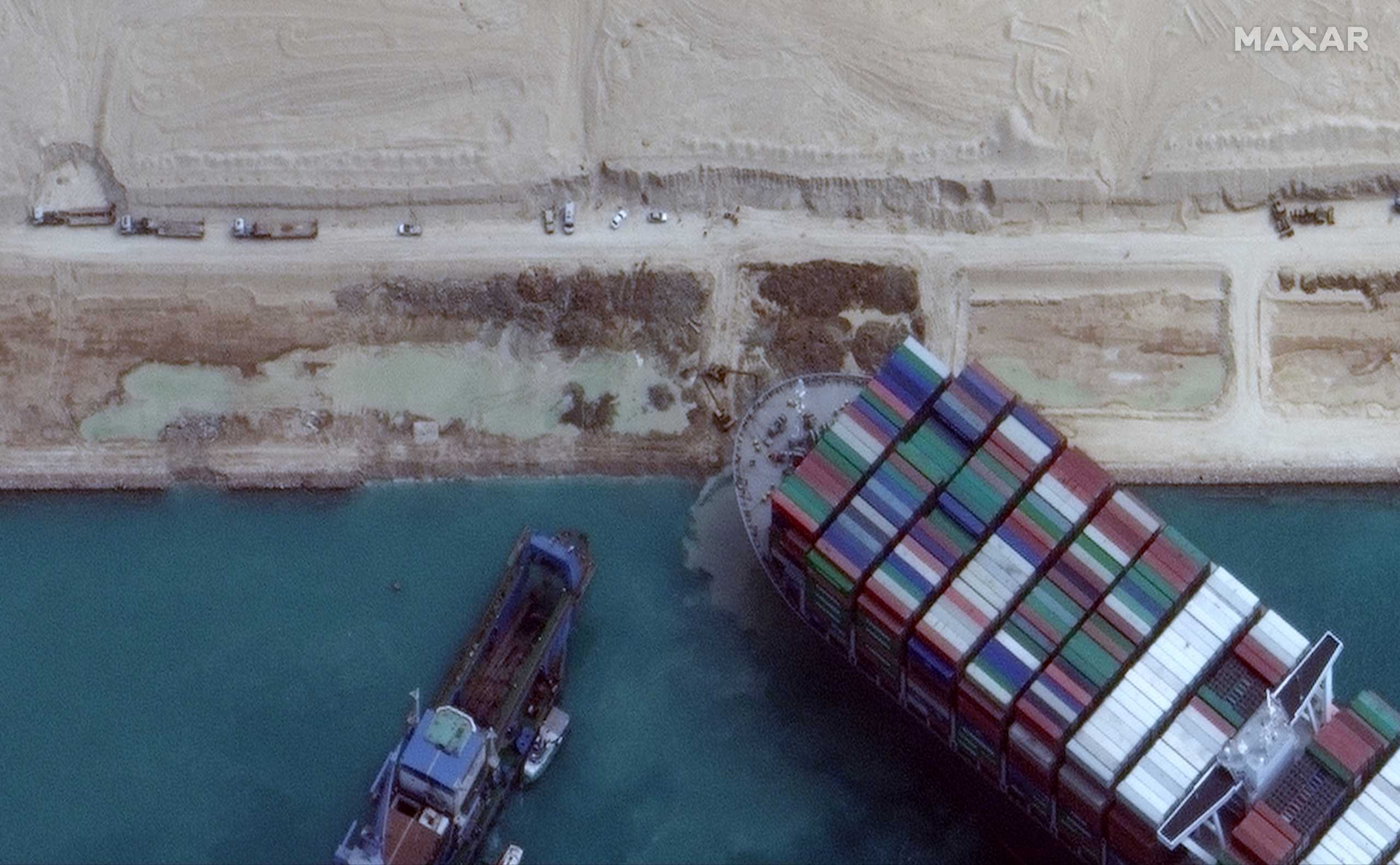 A view shows Ever Given container ship in Suez Canal in this Maxar Technologies satellite image taken on March 28, 2021. Maxar Technologies