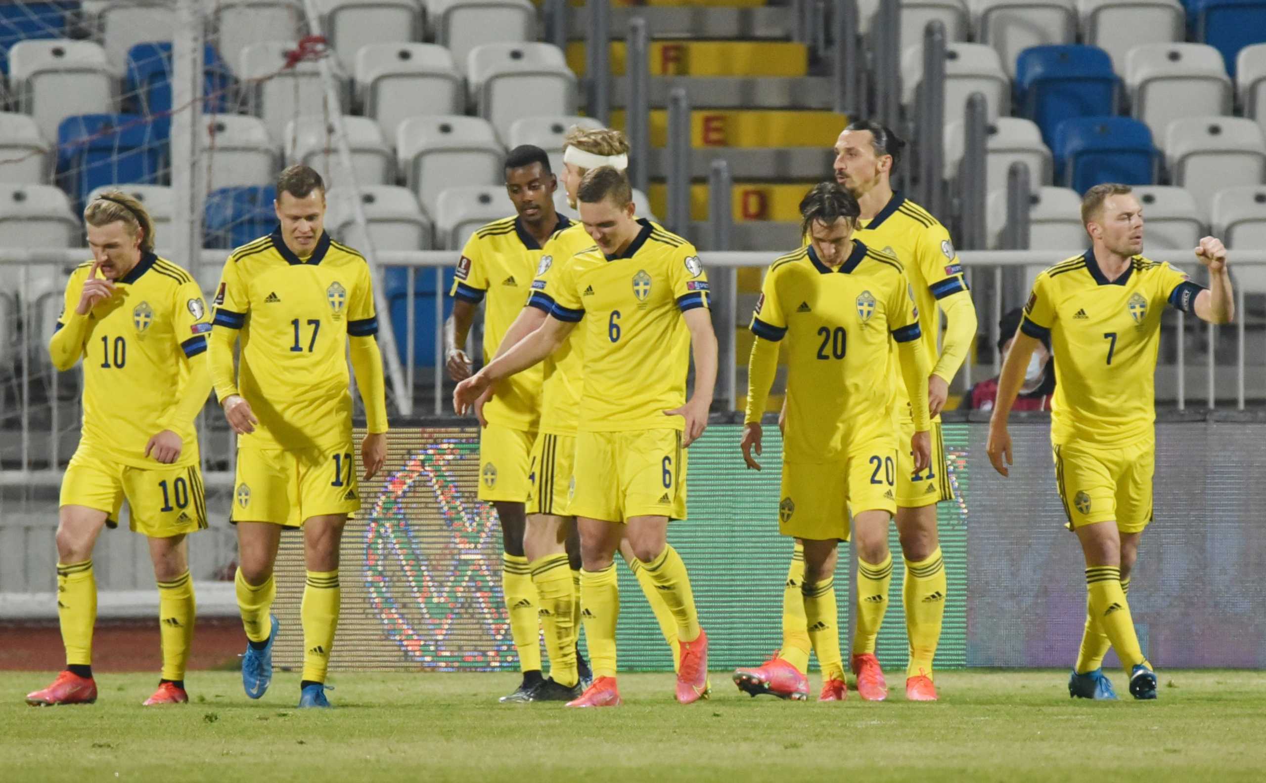 Soccer Football - World Cup Qualifiers Europe - Group B - Kosovo v Sweden - Fadil Vokrri Stadium, Pristina, Kosovo - March 28, 2021 Sweden's Alexander Isak celebrates scoring their second goal with teammates REUTERS