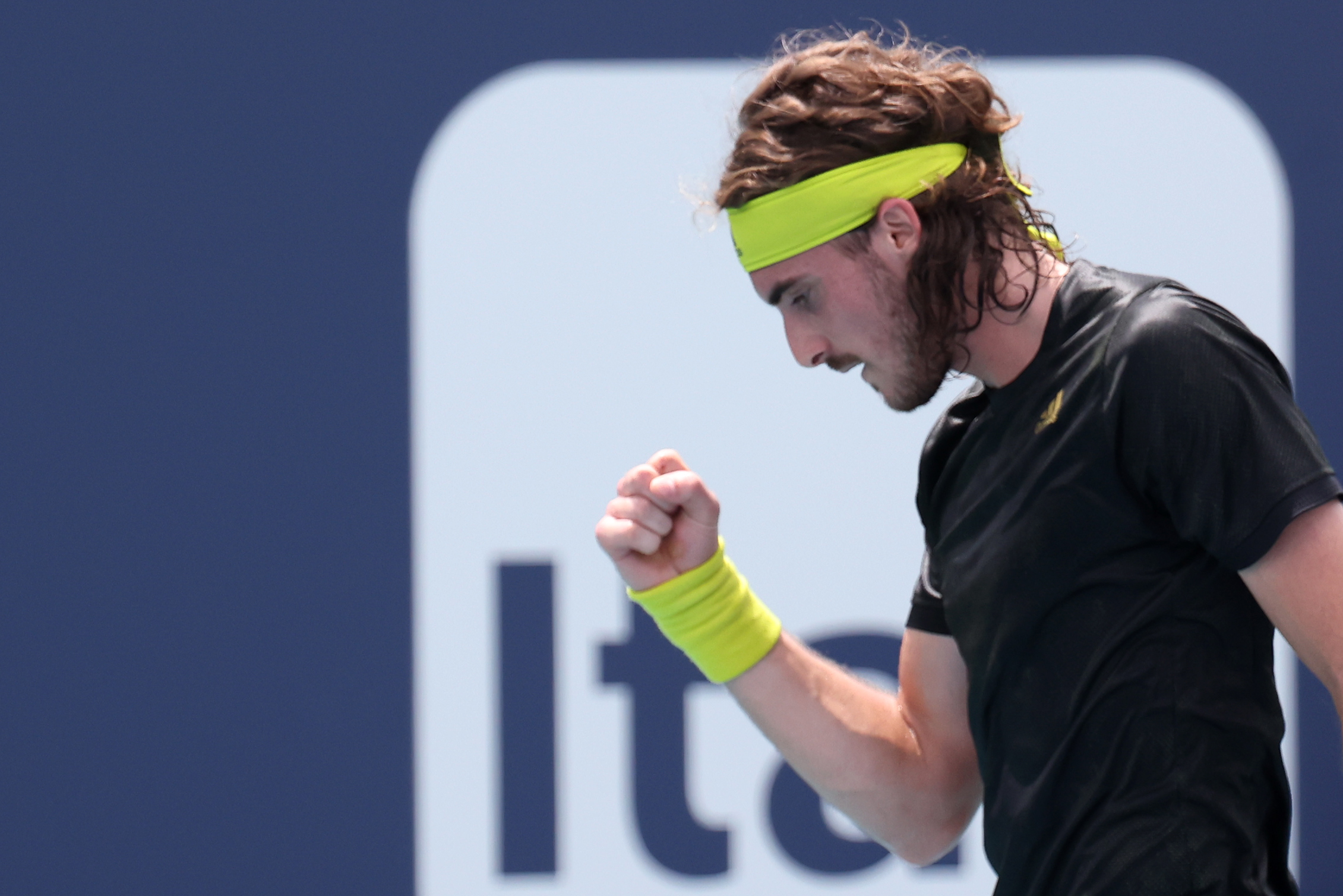 Mar 27, 2021; Miami, Florida, USA; Stefanos Tsitsipas of Greece reacts after winning a point against Damir Dzumhur of Bosnia and Herzegovina (not pictured) in the second round in the Miami Open at Hard Rock Stadium. Mandatory Credit: Geoff Burke-USA TODAY Sports