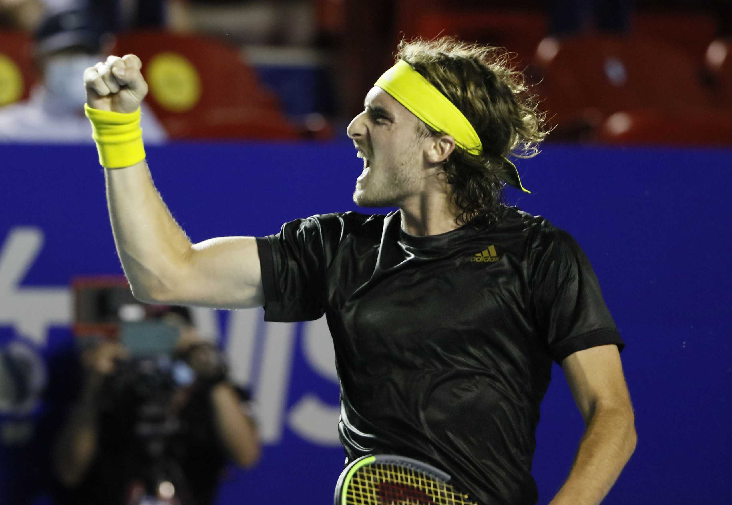 Tennis - ATP 500 - Mexican Open - The Fairmont Acapulco Princess, Acapulco, Mexico - March 18, 2021 Greece's Stefanos Tsitsipas celebrates after winning his quarter final match against Canada's Felix Auger-Aliassime REUTERS